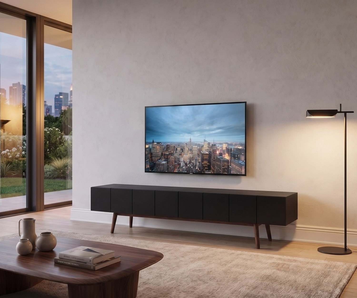 al2 TV-Lowboard MOS-I-KO 005 B für Fernseher im modernen Wohnzimmer. Schwarzer Korpus mit eleganten Holzfüßen.