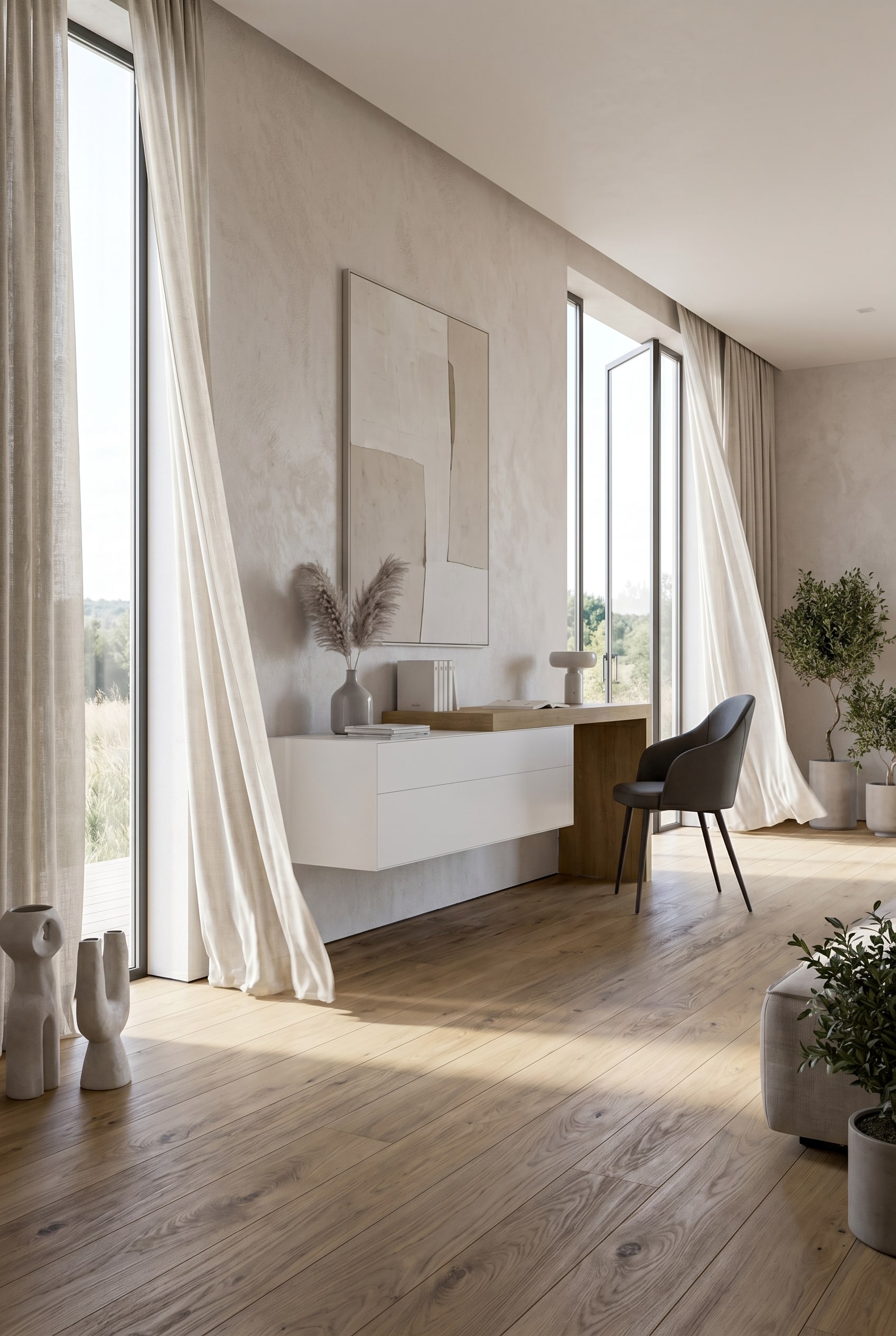 Lange, horizontale zwevende wandladekast in een lichte, luxueuze woonkamer. Lange, horizontale zwevende wandladekast in een lichte, luxueuze woonkamer.