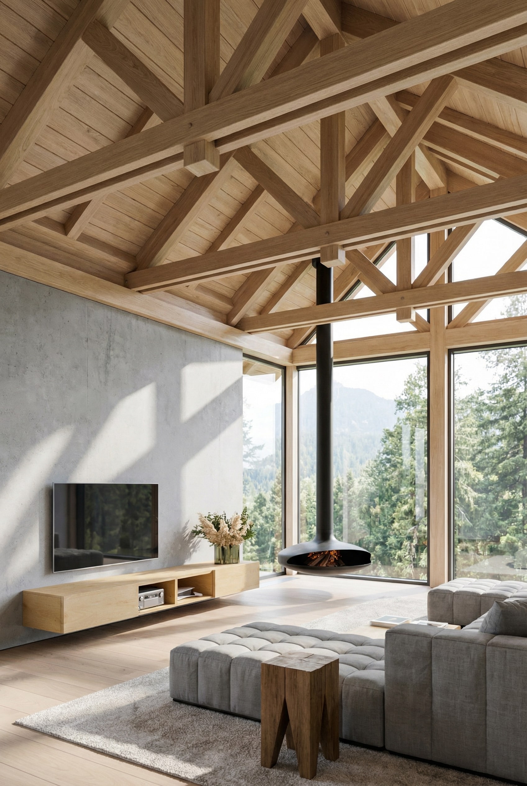 Wood lowboard in front of a modern concrete wall in the living room
