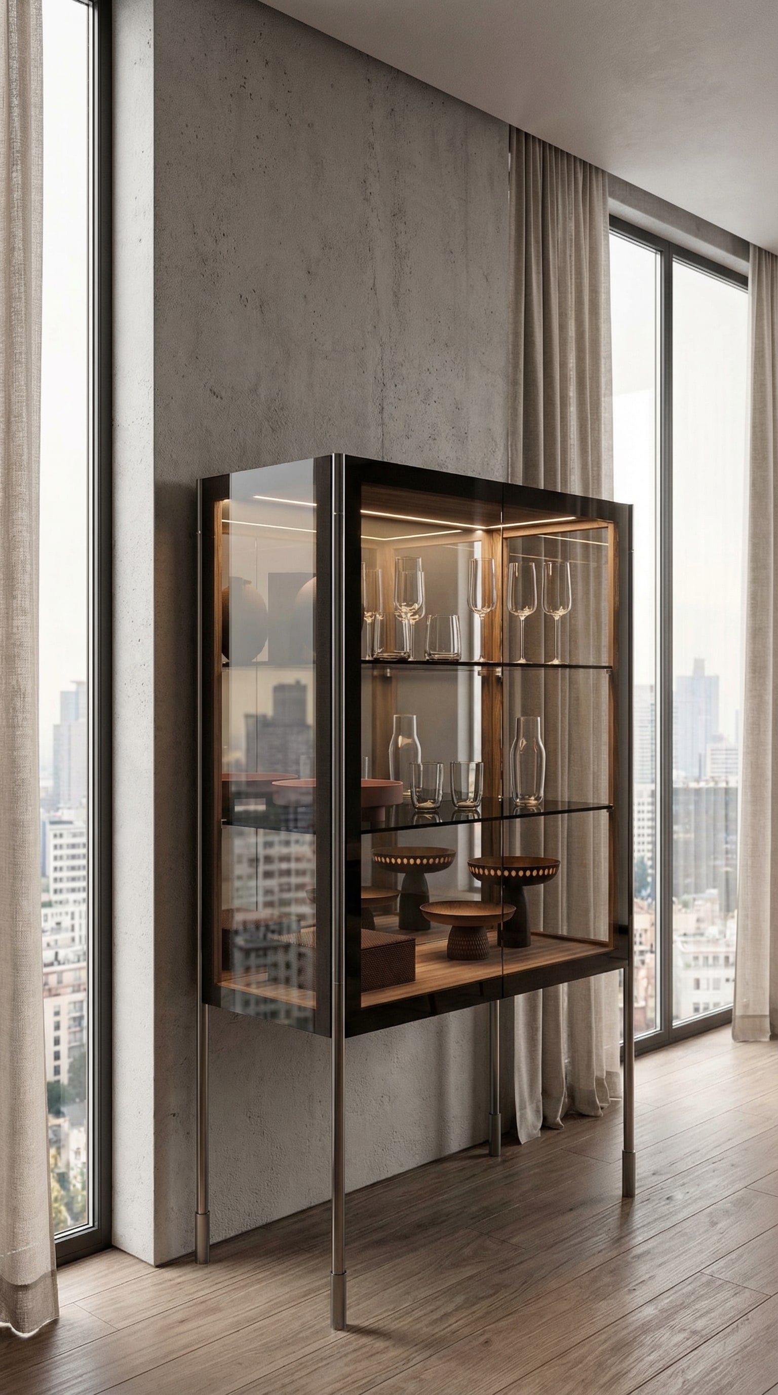 Capo d&acute;Opera Spin Highboard Glass Display Cabinet with curated art objects inside.