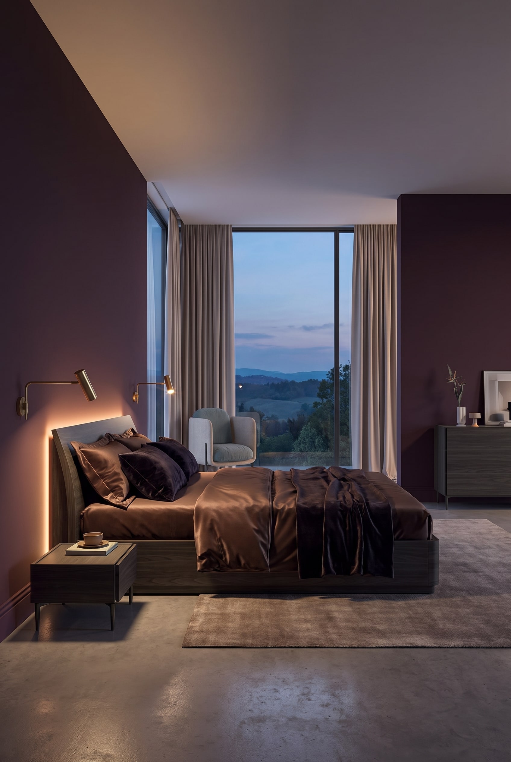 Luxe slaapkamer in aubergine met donkerbruin houten bed en indirecte wandverlichting