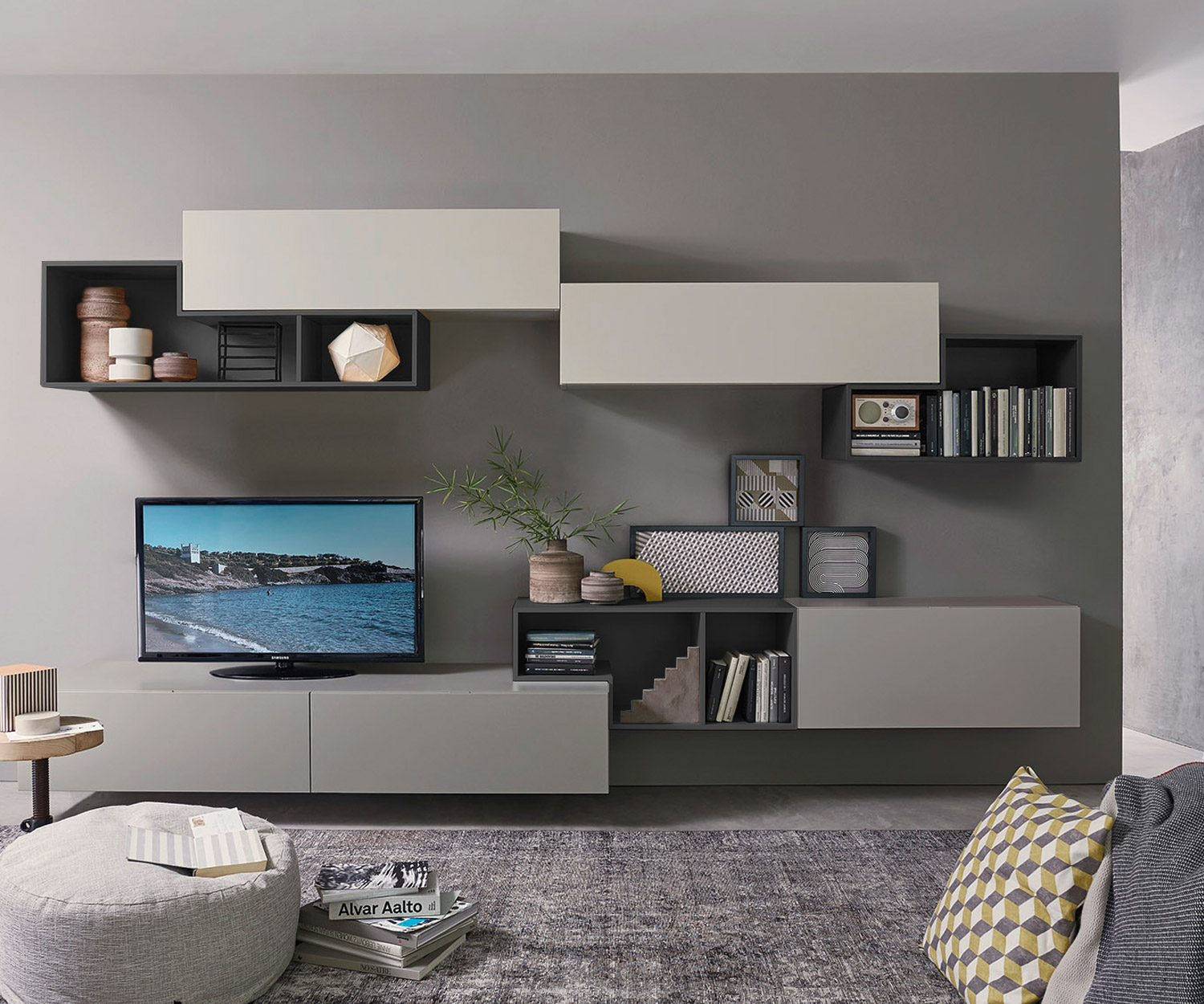 Exklusive Livitalia Tetris Design Wohnwand C19 Schwebend in Grau und Weiß Matt