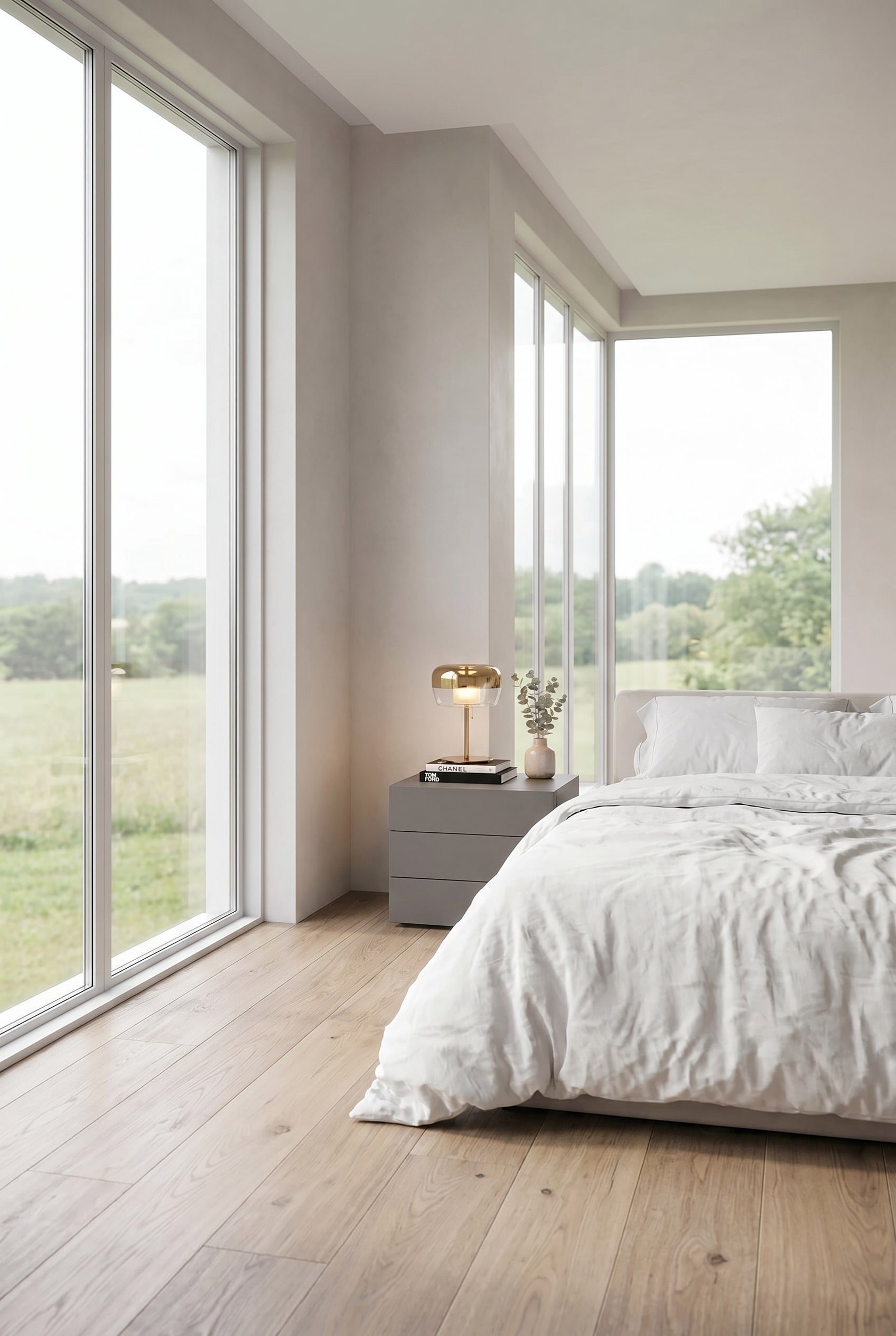 Ein aufgeräumtes, modern eingerichtetes Schlafzimmer mit Fokus auf den harmonischen Stauraum neben dem Bett.