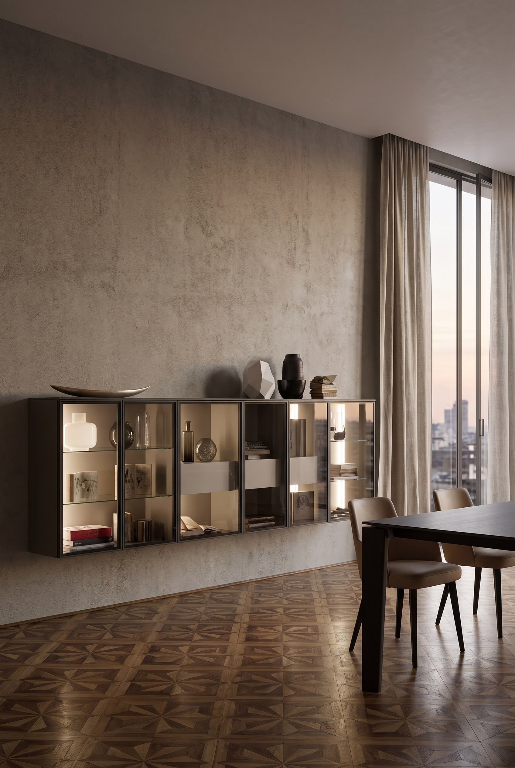 Soggiorno lussuoso con vetrina sospesa in vetro con cornice in alluminio scuro e arte ceramica