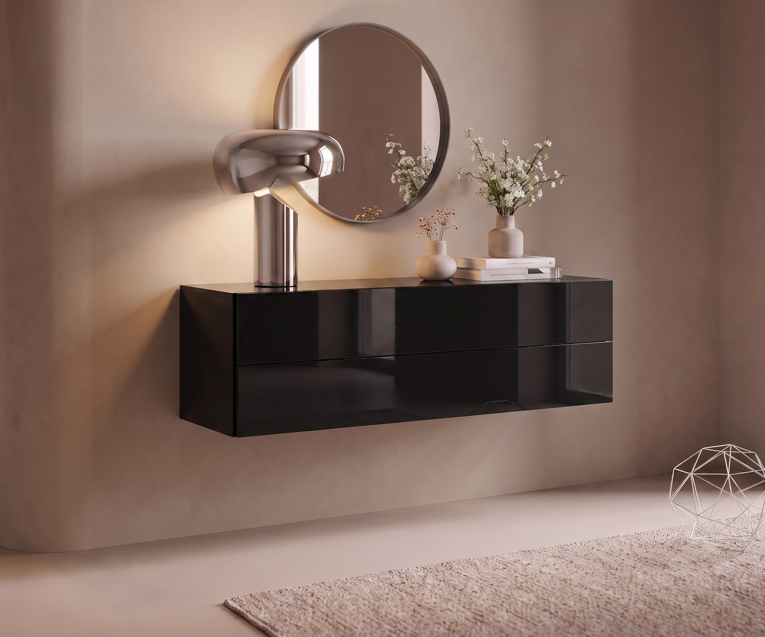 Hängekommode Easy von Novamobili als Flur-Sideboard in Schwarz Hochglanz für ein minimalistisch modernes Wohndesign.