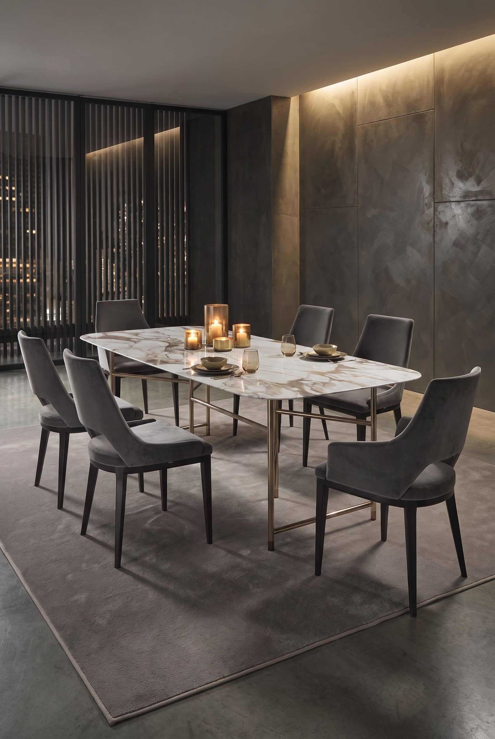 Luxueuze eetkamer met marmeren eettafel, lage messing theelichthouders en donkergrijze fluwelen stoelen