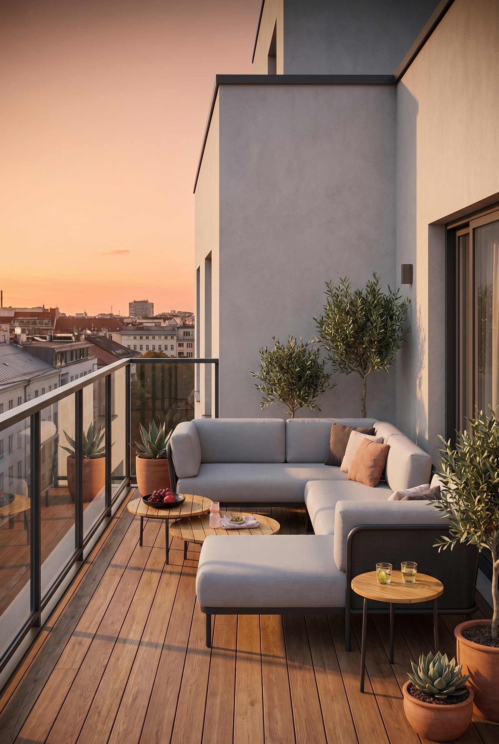 Balcone moderno in città con un divano da esterno basso, grigio chiaro e struttura filigranata davanti a una facciata intonacata al tramonto