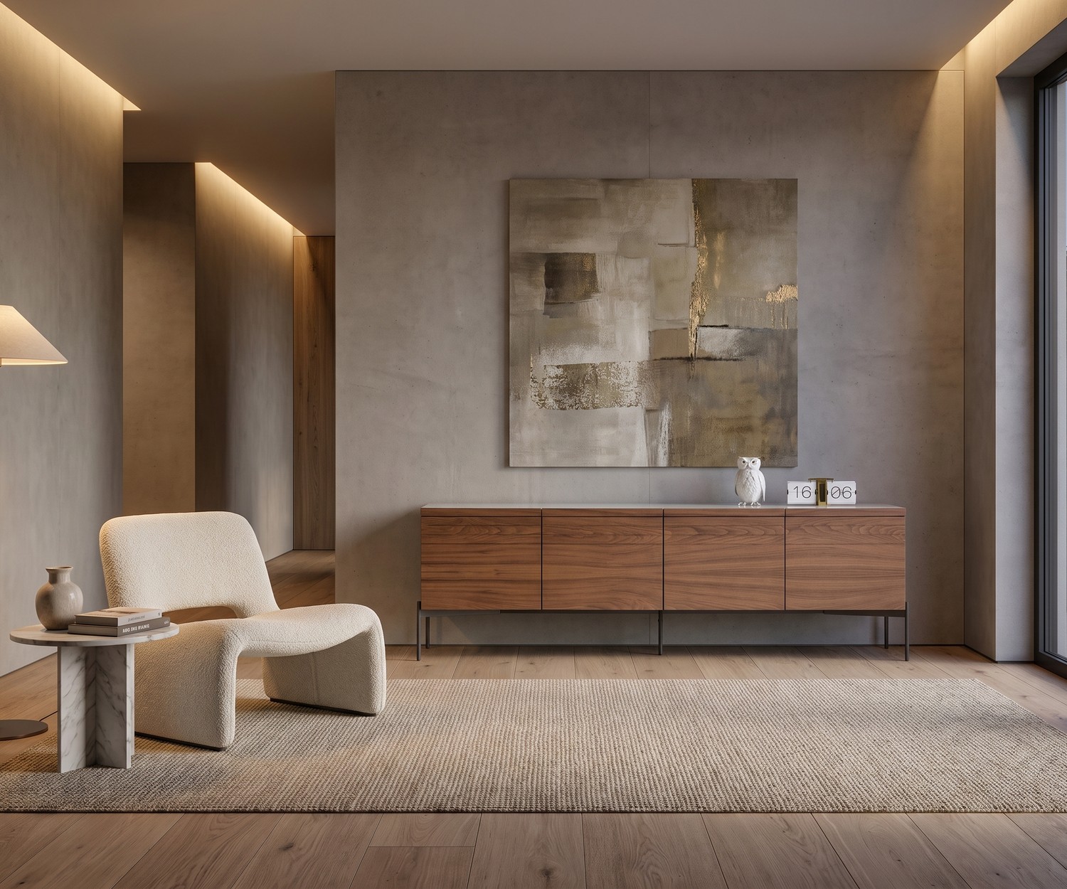 al2 o-rizon 003 sideboard for living room storage, walnut wood veneer with slim metal legs in a minimalist modern space.