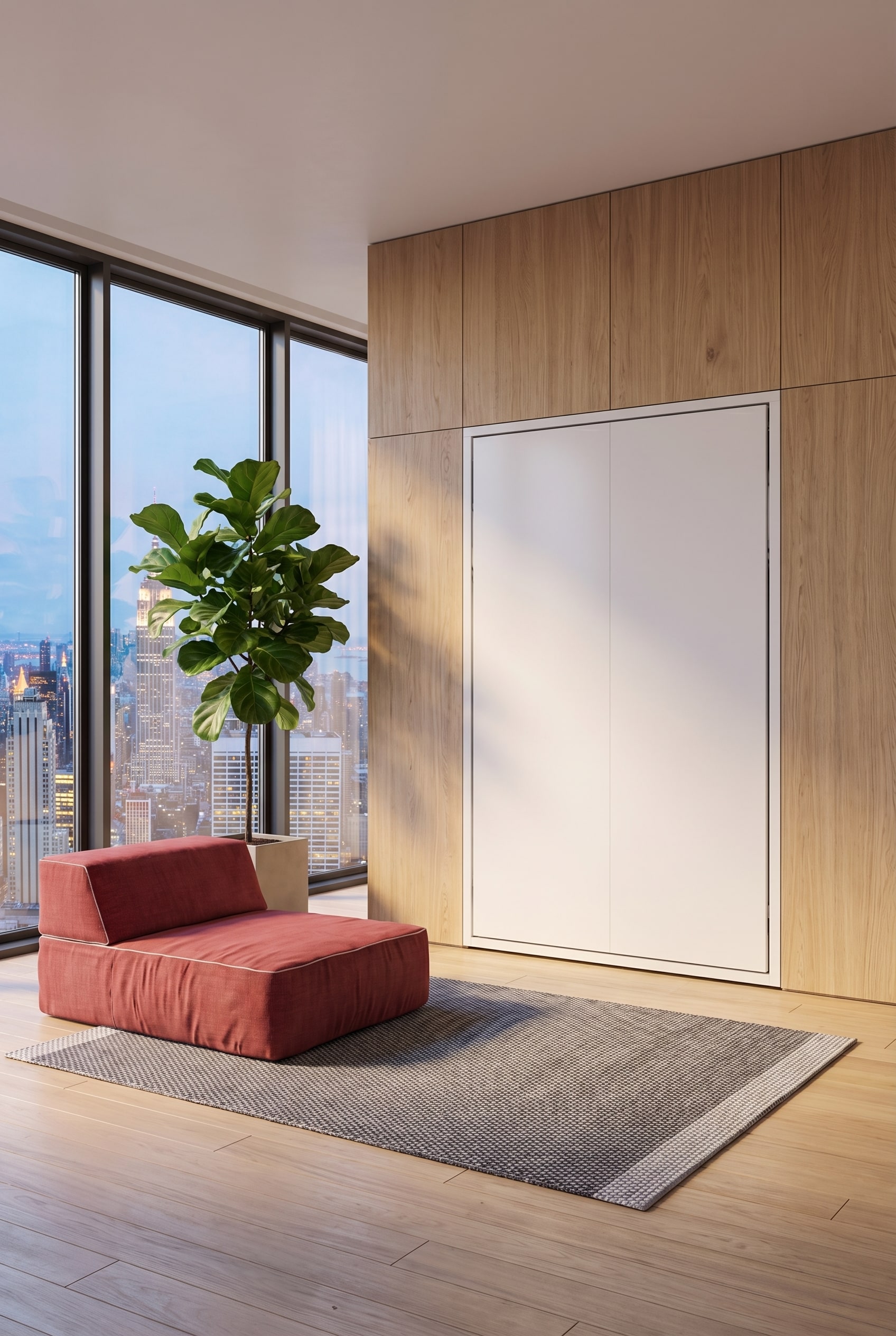 Minimalist room with a completely flush-integrated wall bed that looks like luxurious wall paneling. Minimalist room with a completely flush-integrated wall bed that looks like luxurious wall paneling.