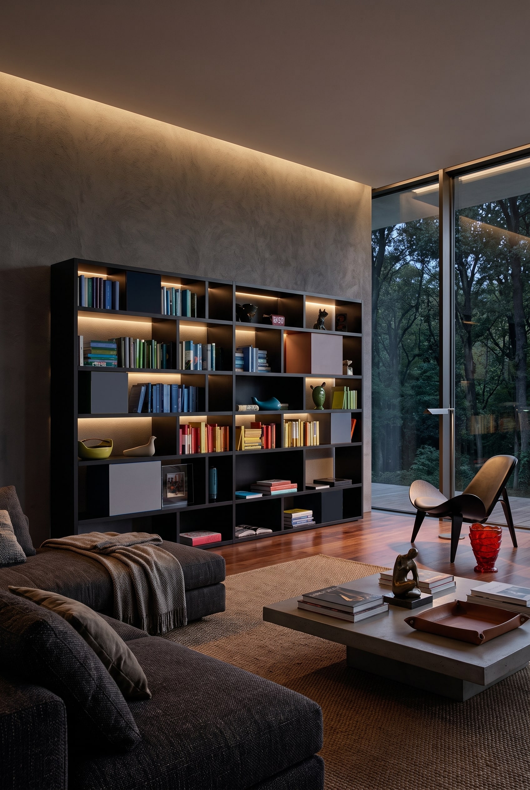 Soggiorno maschile con libreria nera opaca e libri d'arte