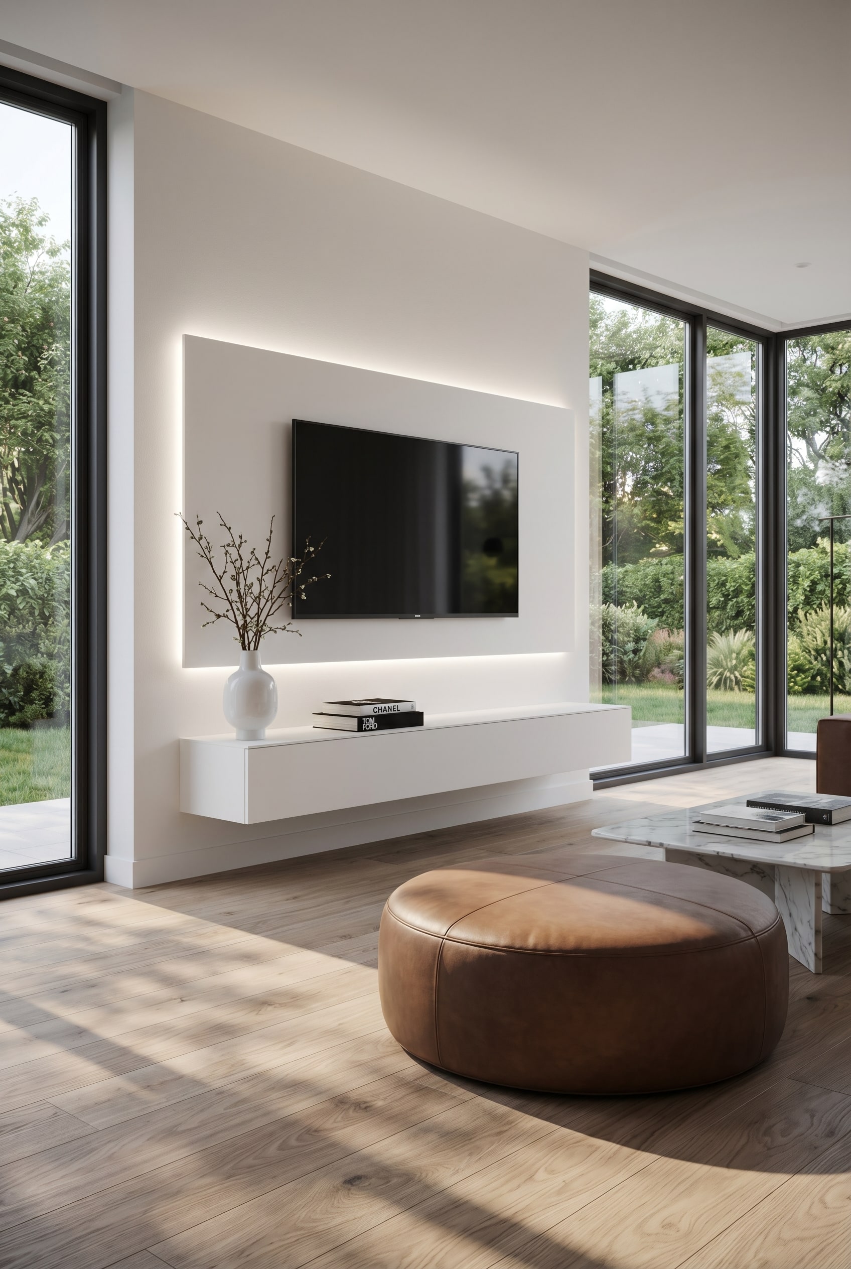 Zwevend TV-wandmeubel Super in een minimalistische, lichtdoorstroomde luxe woonkamer