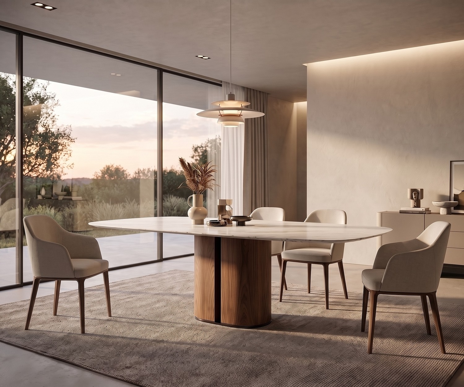 al2 el-it c 001 Dining Table with Wooden Pedestal al2 el-it c 001 dining table in a modern dining room. Oval design table with wooden pedestal base and marble top.