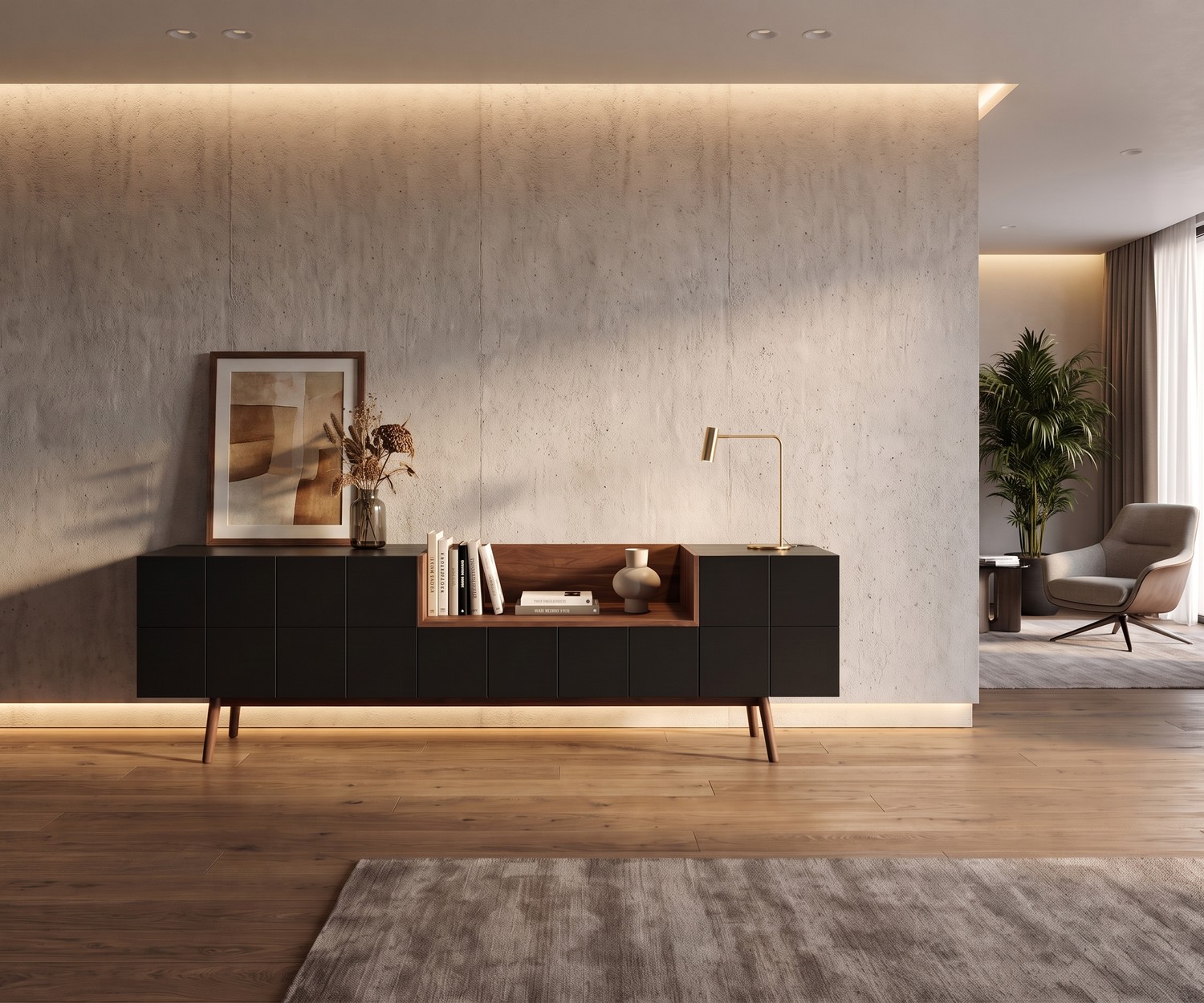 al2 Design Sideboard MOS-I-KO 003 A im Wohnzimmer aus Holz und Mattlack für stilvollen Stauraum im modernen Retro-Look.