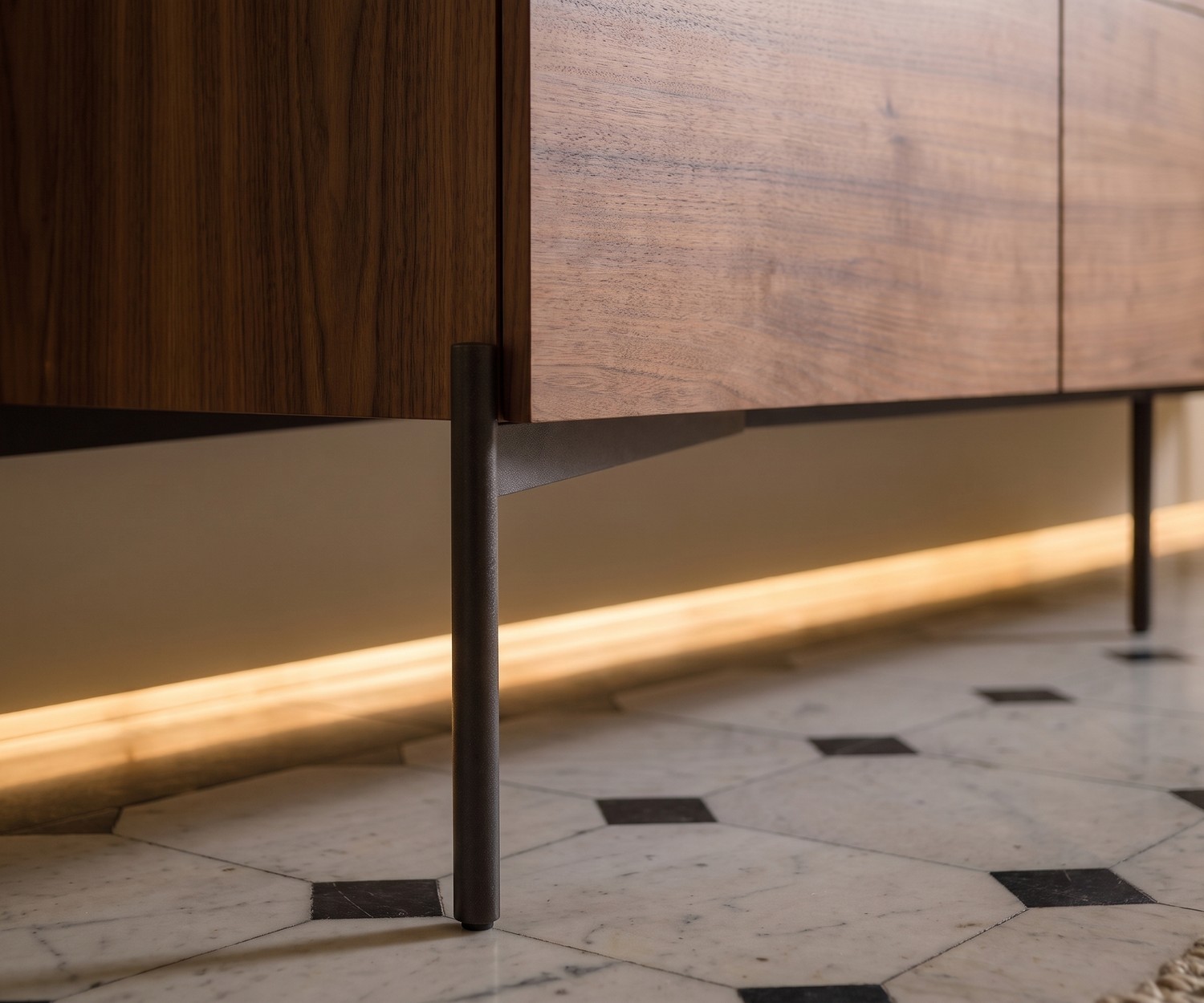al2 o-rizon 003 sideboard for living room storage. Close-up of the elegant wood front and slim metal legs.