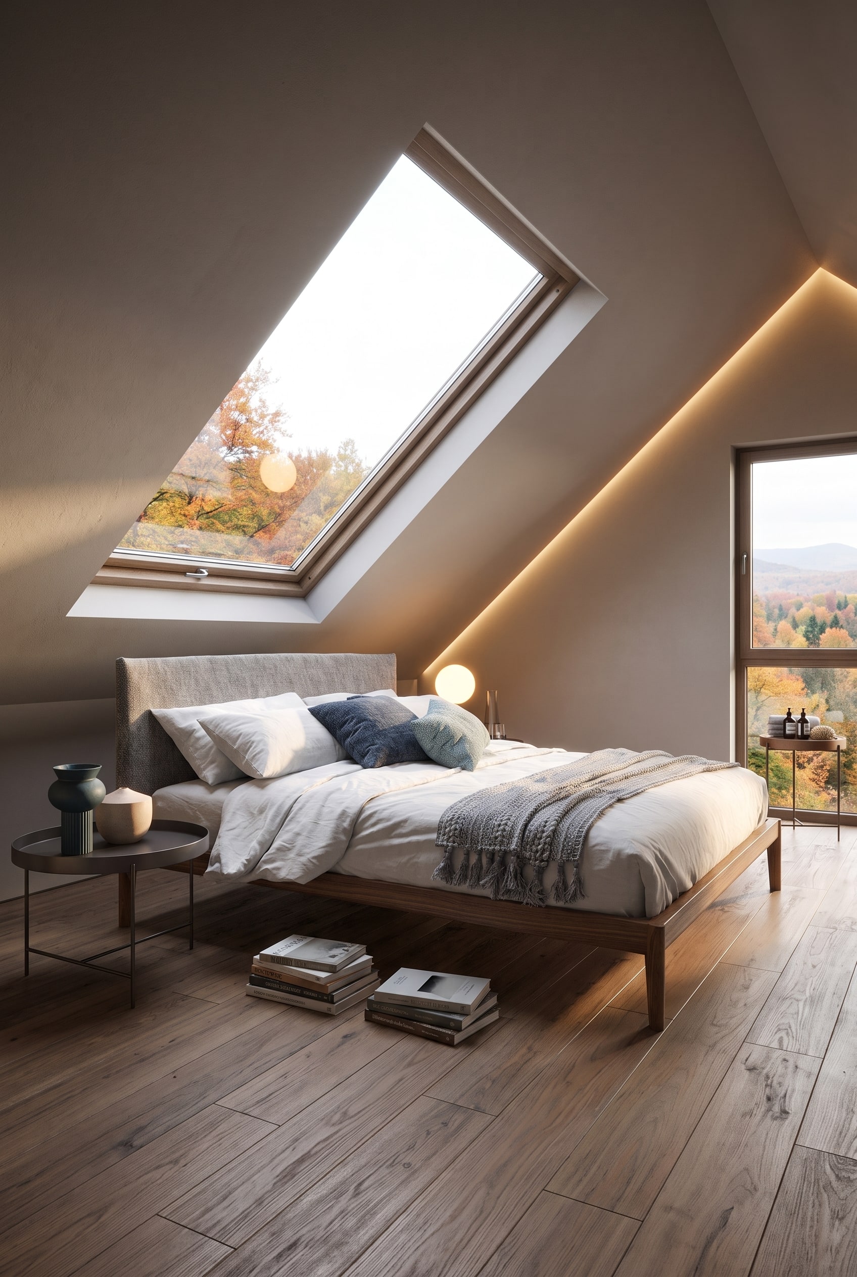 Camera da letto moderna in mansarda con letto basso in legno di quercia, plaid in lana fine e luce autunnale soffusa dalla finestra