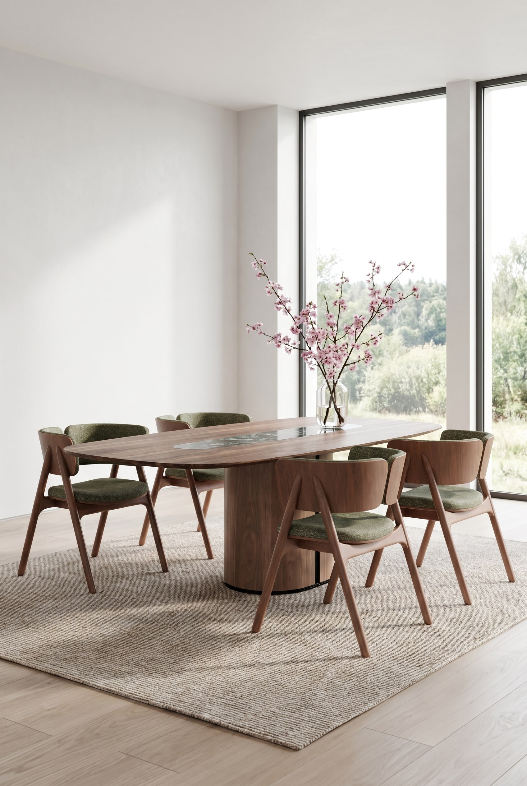 Grote houten tafel met markante sokkel en een ingelegde natuursteenplaat, gedecoreerd met subtiele lentetakken