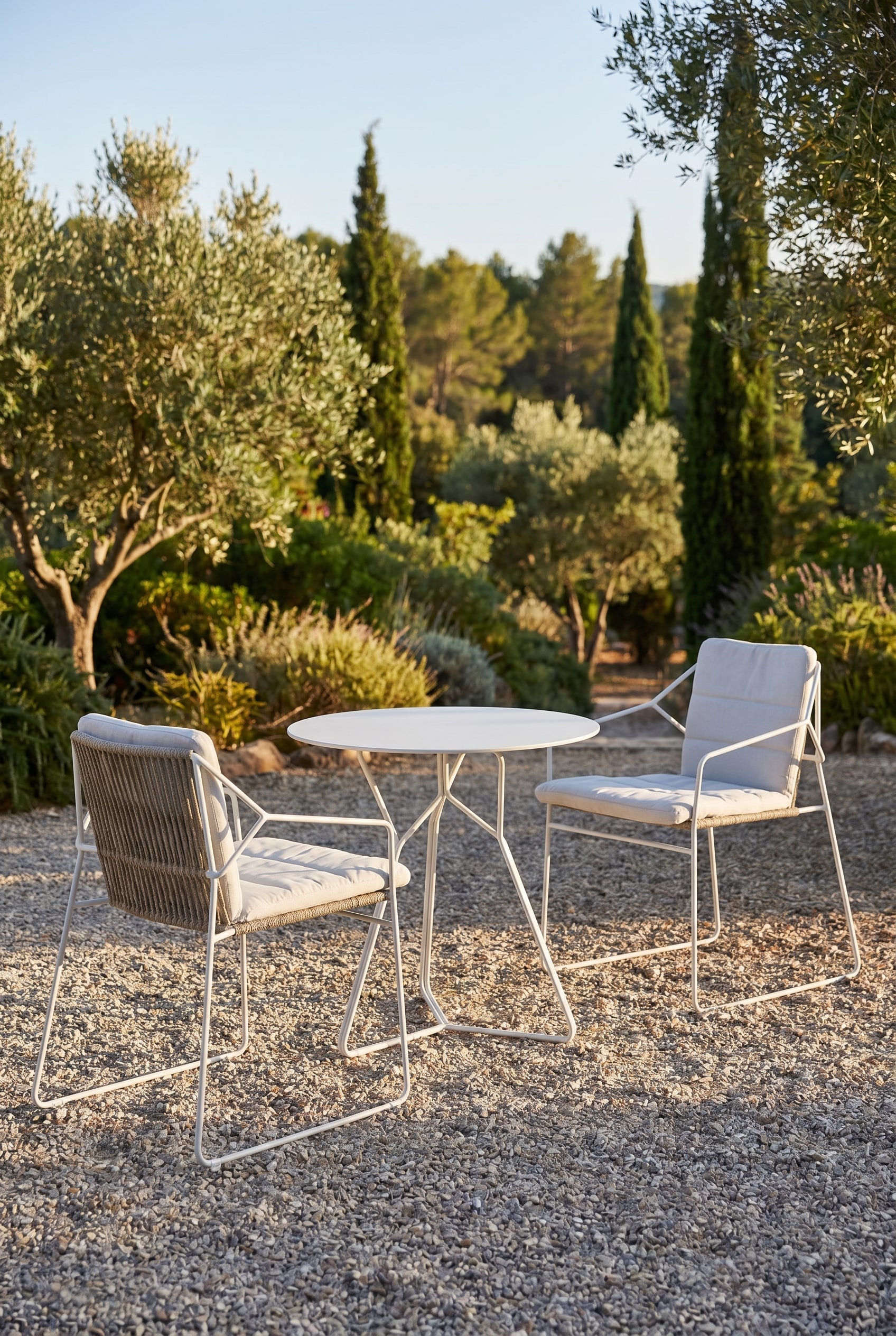 Terrasse méditerranéenne sur sol en gravier sec avec des chaises de jardin blanches minimalistes en acier inoxydable et tressage en corde
