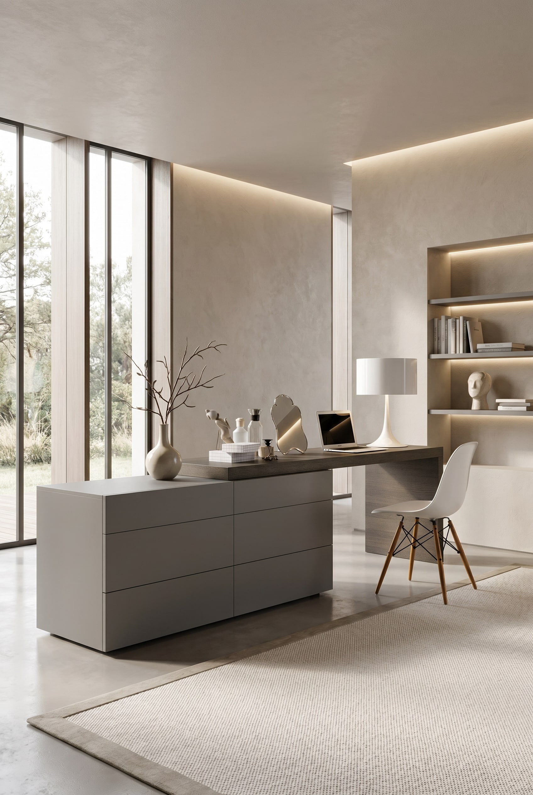Elegant white chest of drawers that seamlessly transitions into an oak-brown desk, modern Italian design. Elegant white chest of drawers that seamlessly transitions into an oak-brown desk, modern Italian design.