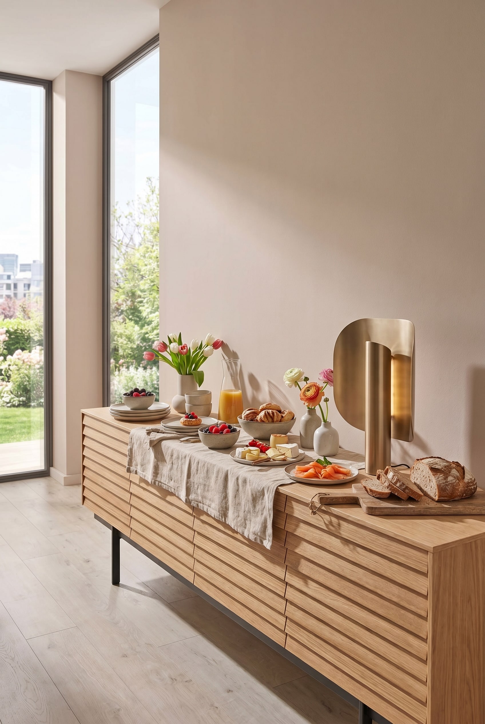 Calda credenza Punt Sussex in legno di quercia con lamelle orizzontali, decorata con una moderna lampada in ottone e un allestimento brunch minimalista. Calda credenza Punt Sussex in legno di quercia con lamelle orizzontali, decorata con una moderna lampada in ottone e un allestimento brunch minimalista.
