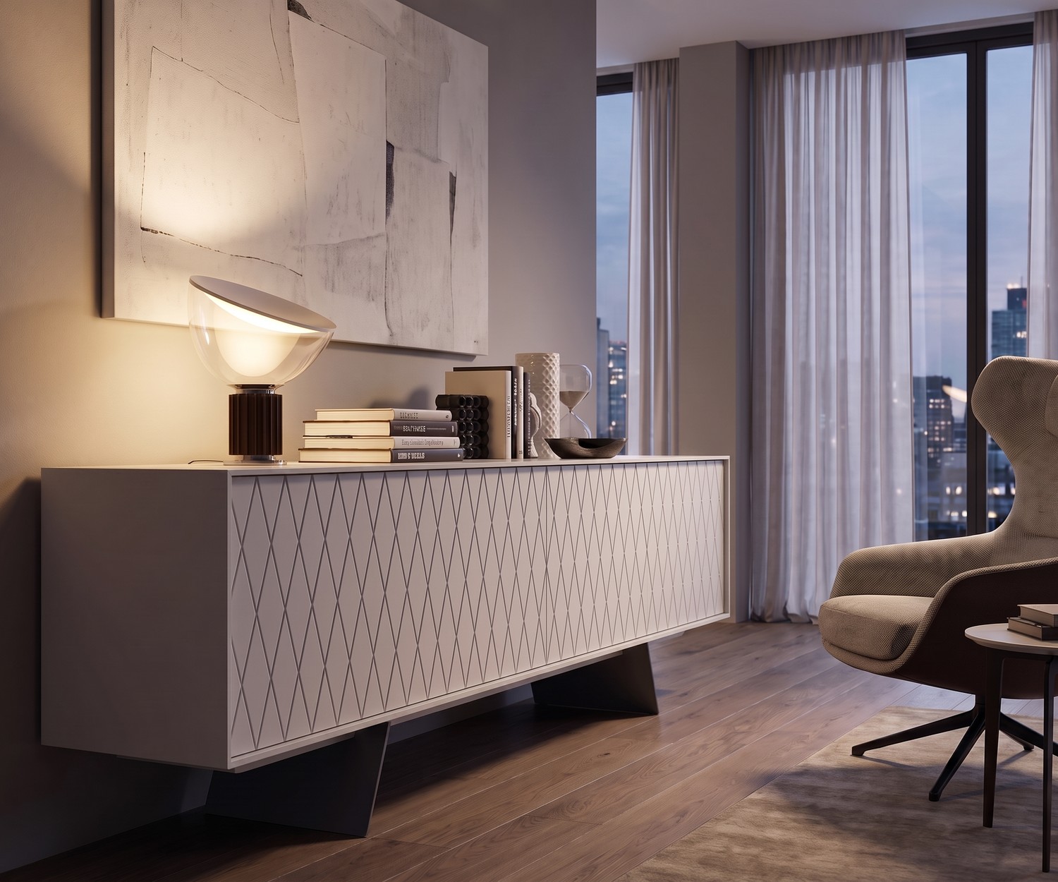 al2 e-klipse 003 Design Sideboard mit Rautenmuster al2 e-klipse 003 Sideboard mit Rautenmuster im modernen Wohnzimmer vor Fensterfront, weißes Design-Möbelstück