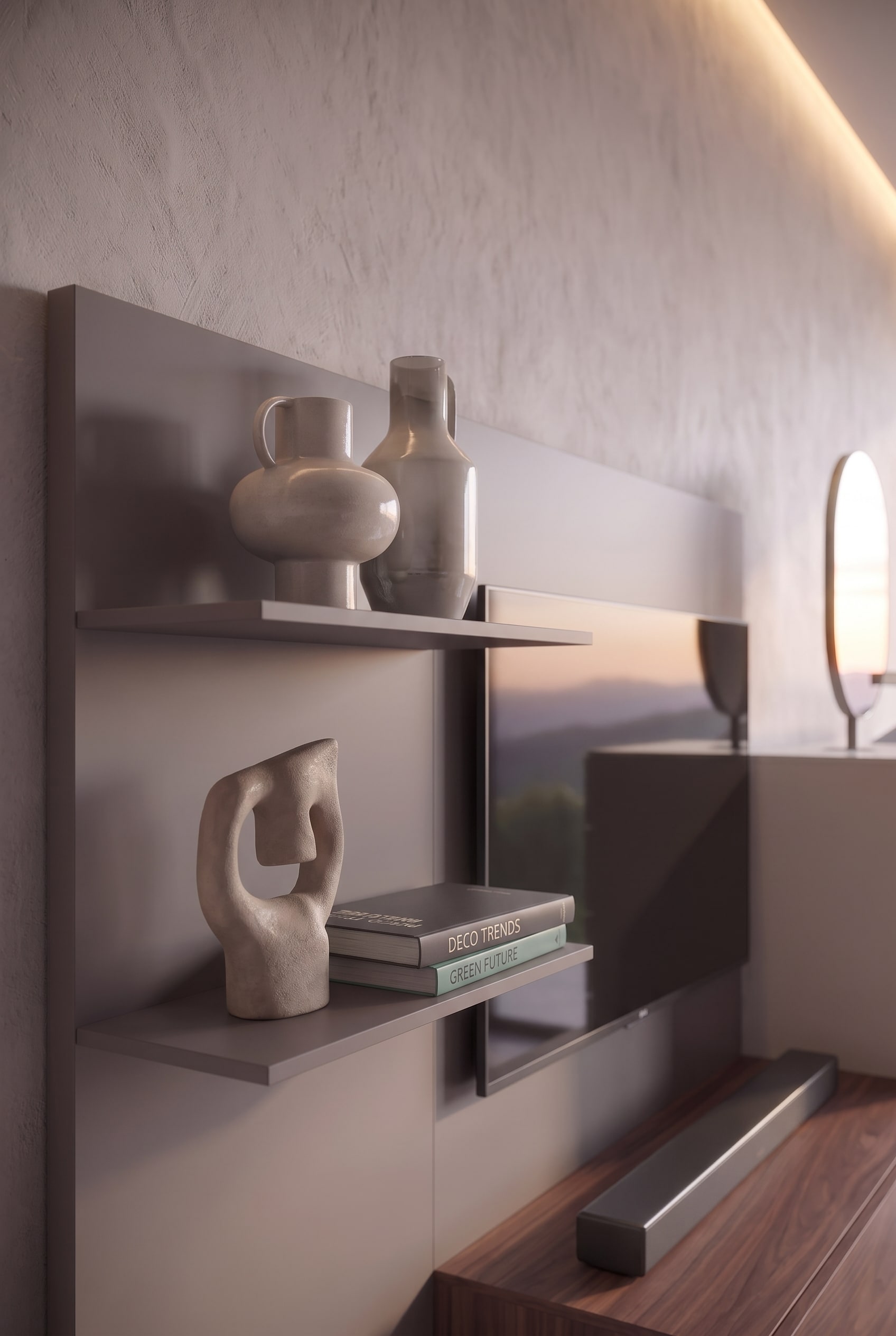 Macro-opname van matte legplanken met lichte keramische vazen, een abstracte sculptuur en twee designboeken.