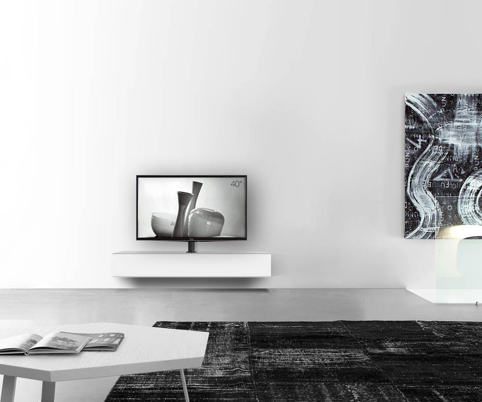 Design Lowboard Konfigurator mit TV Halterung Wand Breite 150 24 45 mitte matt weiss