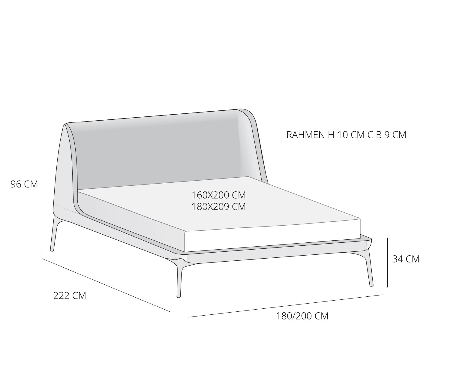 Schlafzimmer Bett Velvet von Novamobili Skizze Maße Größen Größenangaben