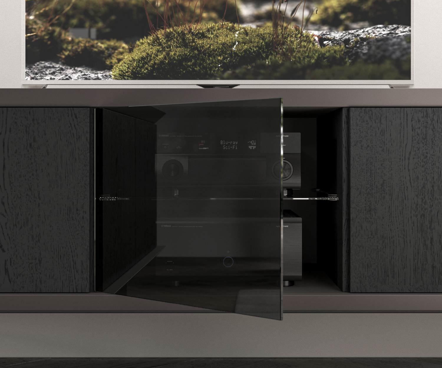 High-quality design lowboard on legs with open compartment for technology High-quality design lowboard on legs with open compartment for technology