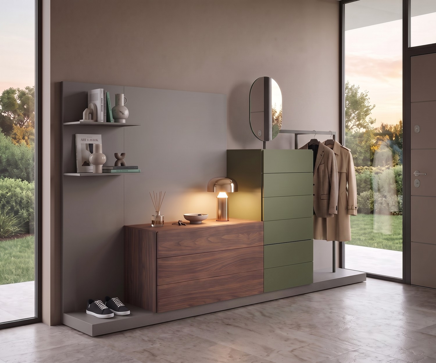 Novamobili Easy 9 Modular Hallway Storage Novamobili Easy 9 hallway wardrobe unit with walnut and green chest of drawers, modern modular entry furniture.