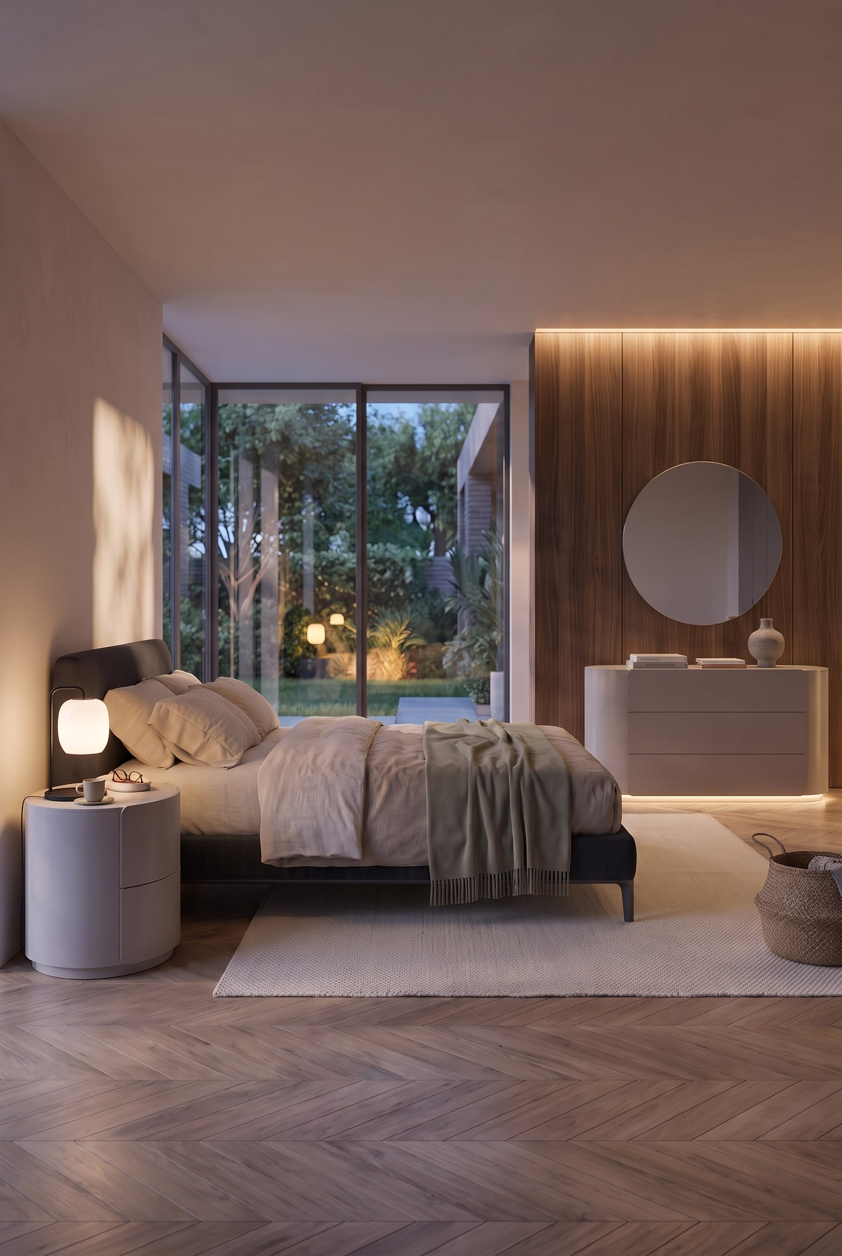 Moderne slaapkamer in totaalbeeld, toont ronde nachtkastje, bed en afgeronde ladekast voor houten panelen.