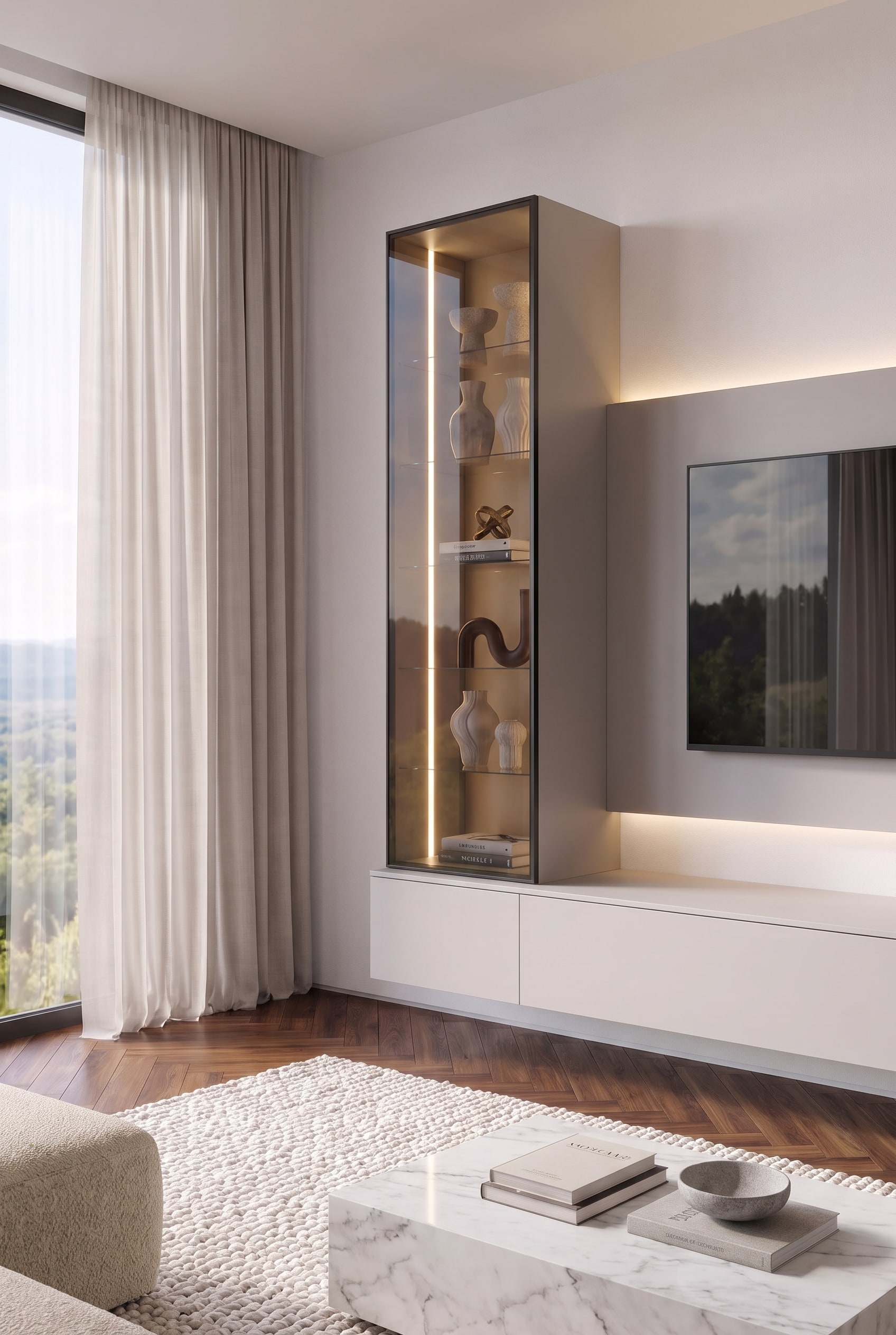 Moderne woonkamer met zwevend lowboard in lichtgrijs, rookglasvitrine en tv-paneel met indirecte verlichting