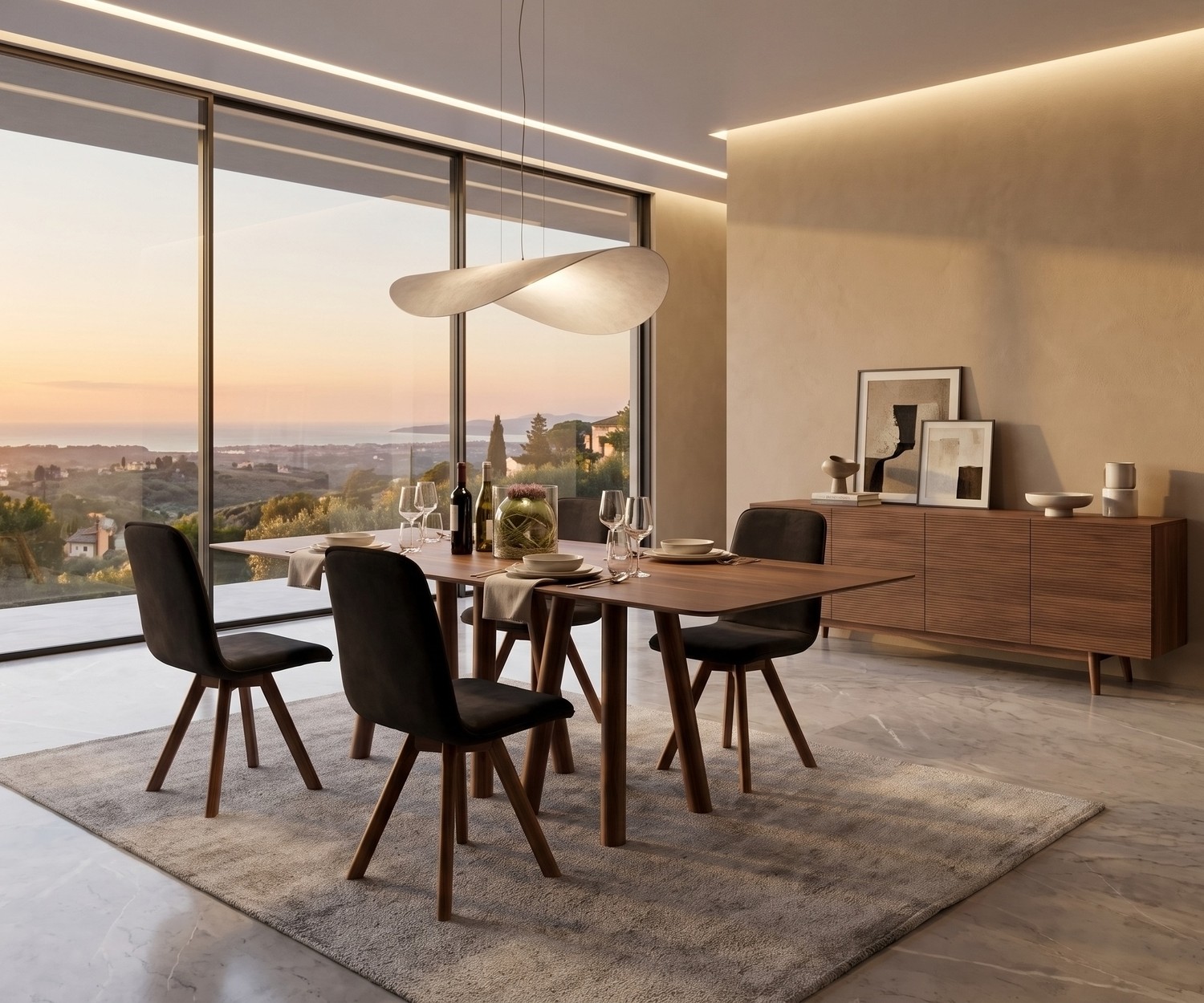 al2 mos-i-ko 001 a designer wooden dining table Wooden dining table al2 mos-i-ko 001 a in a modern dining room with scenic views, dark chairs and minimalist style.