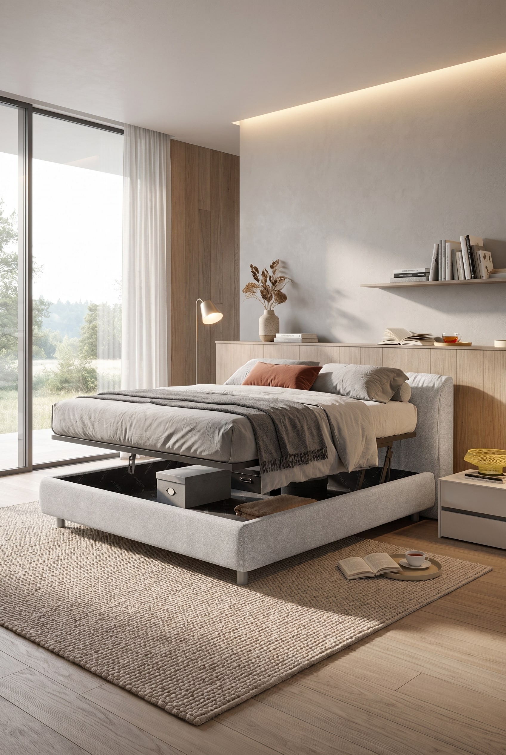 Elegant Novamobili Gestoffeerd Bed Belleville met verborgen opbergruimte in een lichte, opgeruimde slaapkamer