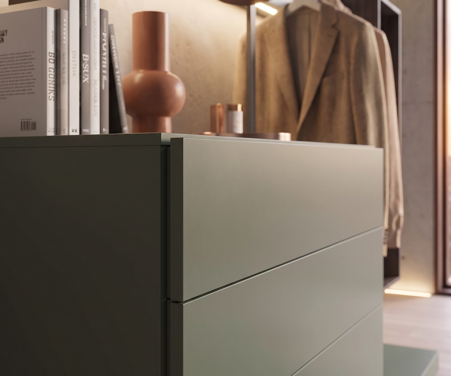 Novamobili Design Kommode Easy 4 mit Garderobe in Grün für Schlafzimmer oder Flur, moderne Schubladen im Detail.