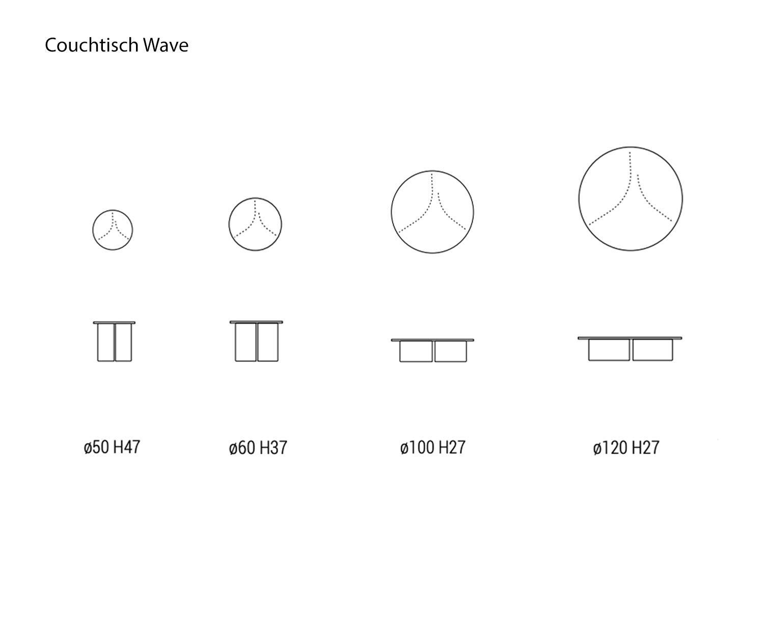 Skizze Maße Größen Angaben Wave Couchtisch rund von Marelli