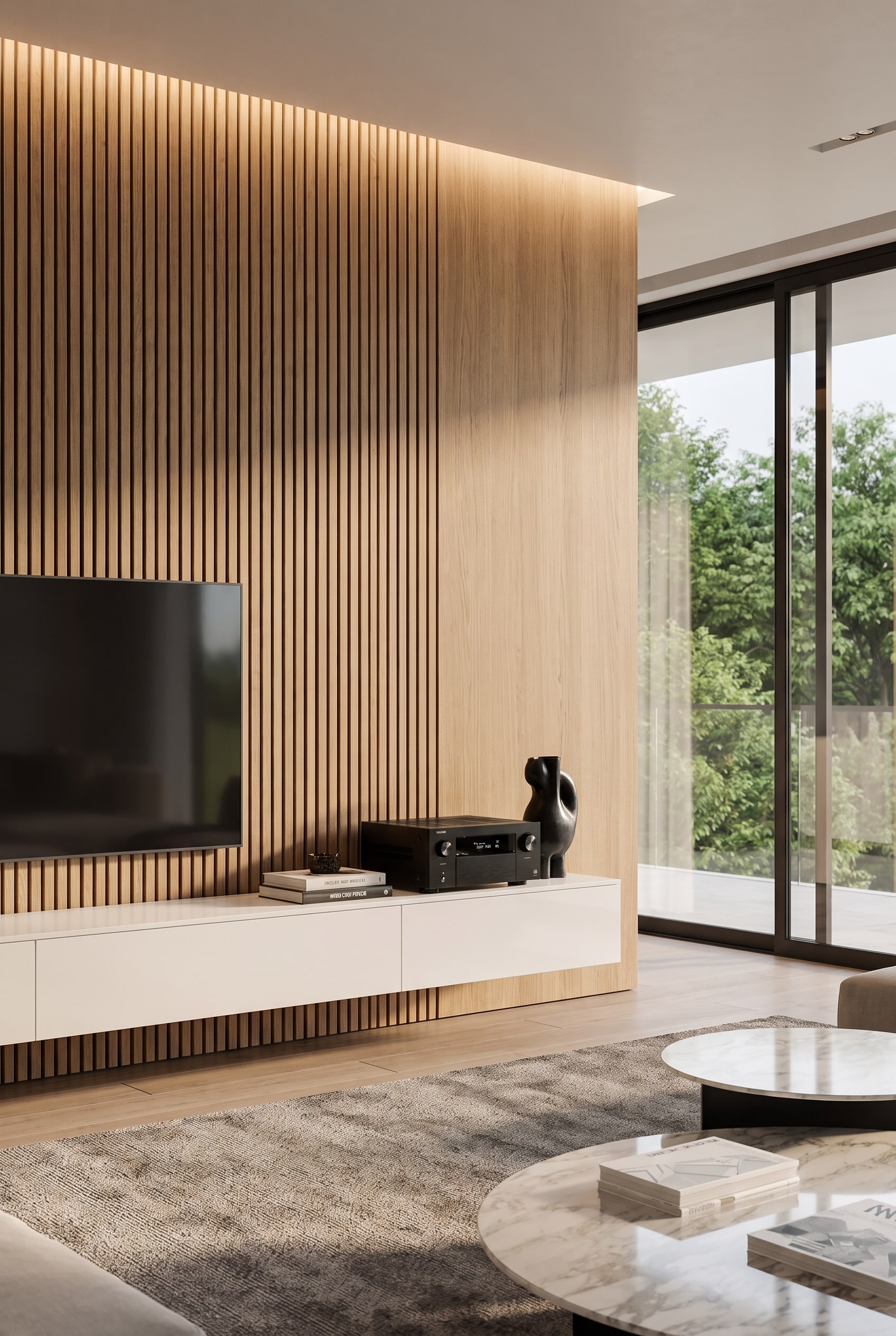 Tv-wand met houten lamellen en een zwart, individueel geconfigureerd lowboard als contrast in de lichte woonkamer