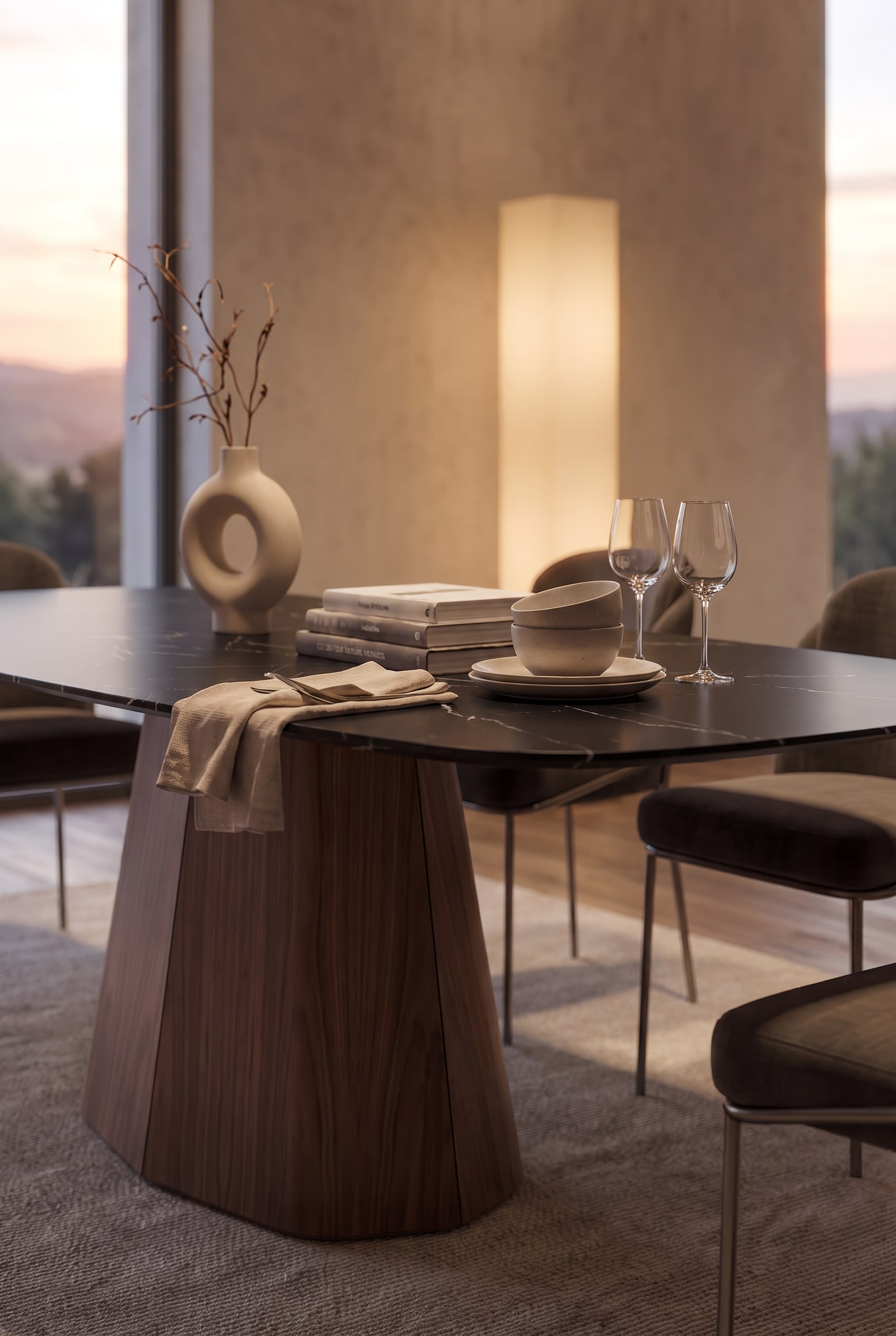 Gedekte eettafel in detail met matte keramische schalen, stoffen servetten en wijnglazen in sfeervol licht.
