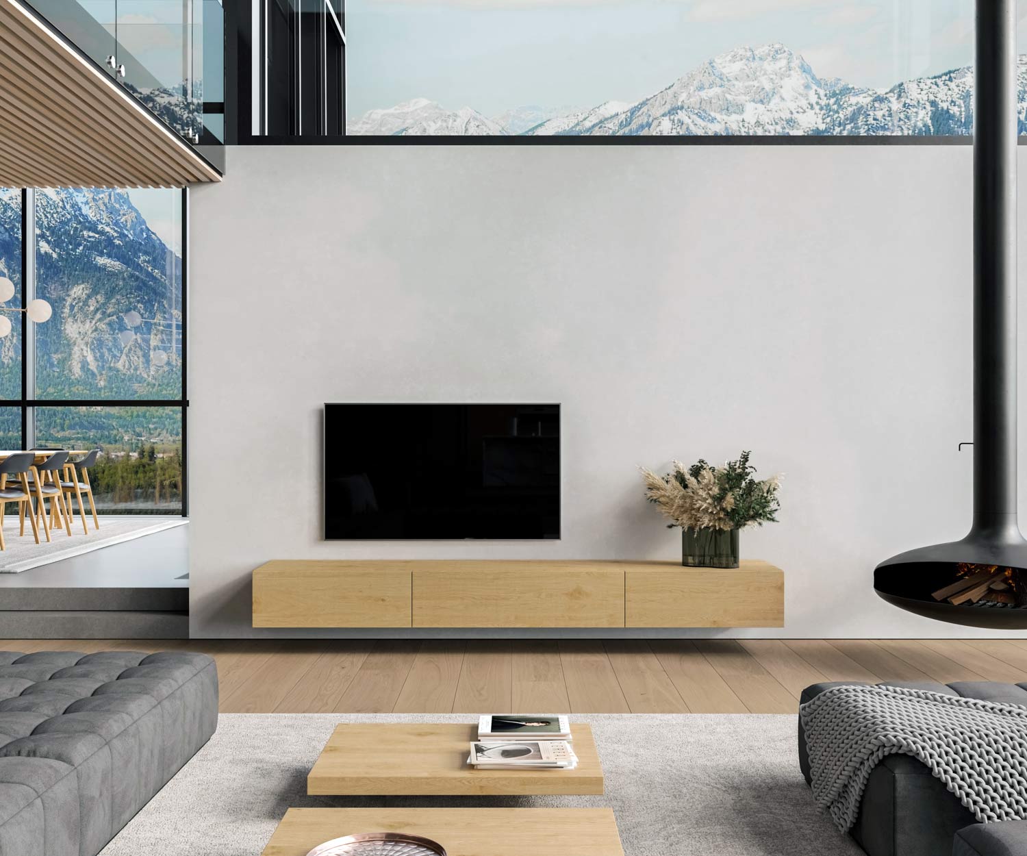 Design Holz TV Lowboard haengend schwebend konfigurator Eiche Natur Hell Design Holz TV Lowboard haengend schwebend konfigurator Eiche Natur Hell