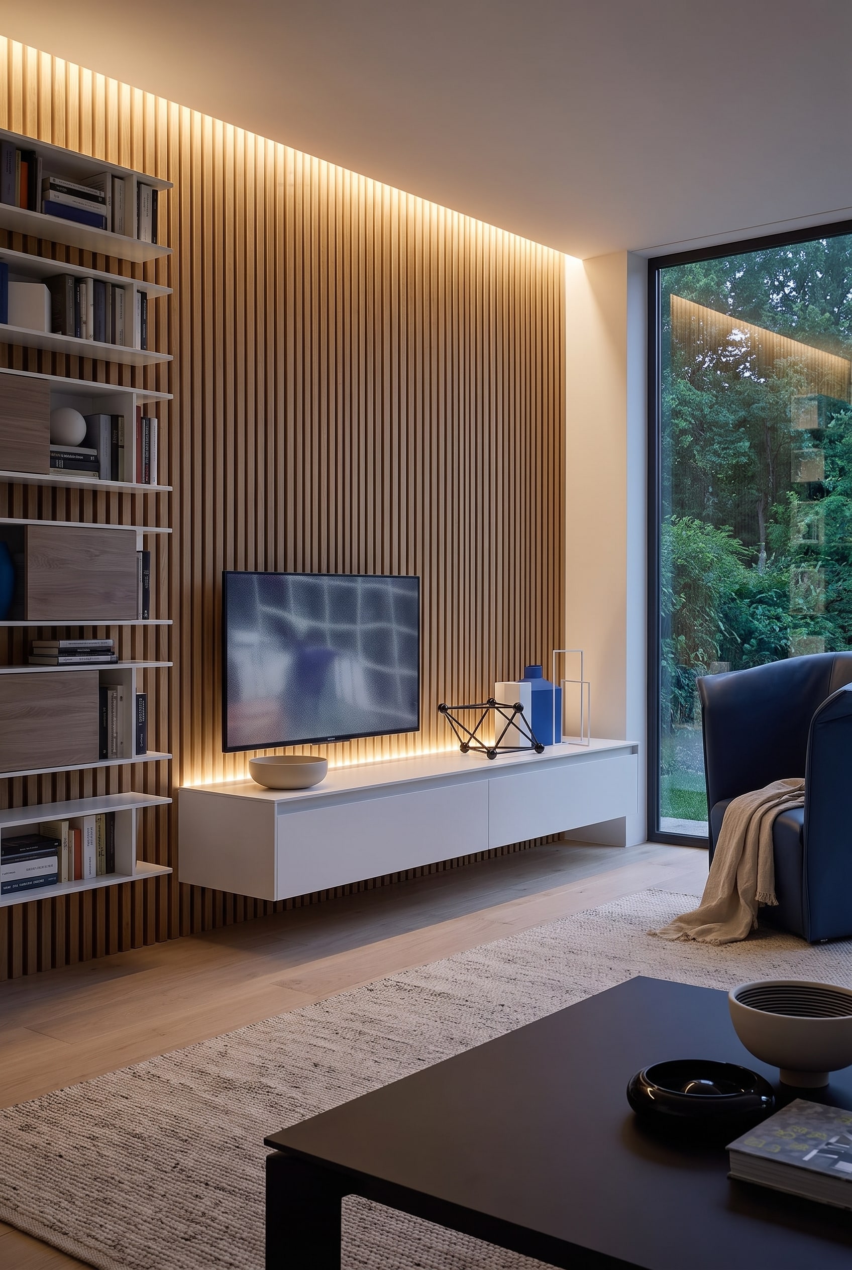 Woonkamer met weids uitzicht naar buiten, houten lamellenwand en een zwevend tv-lowboard in mat beige