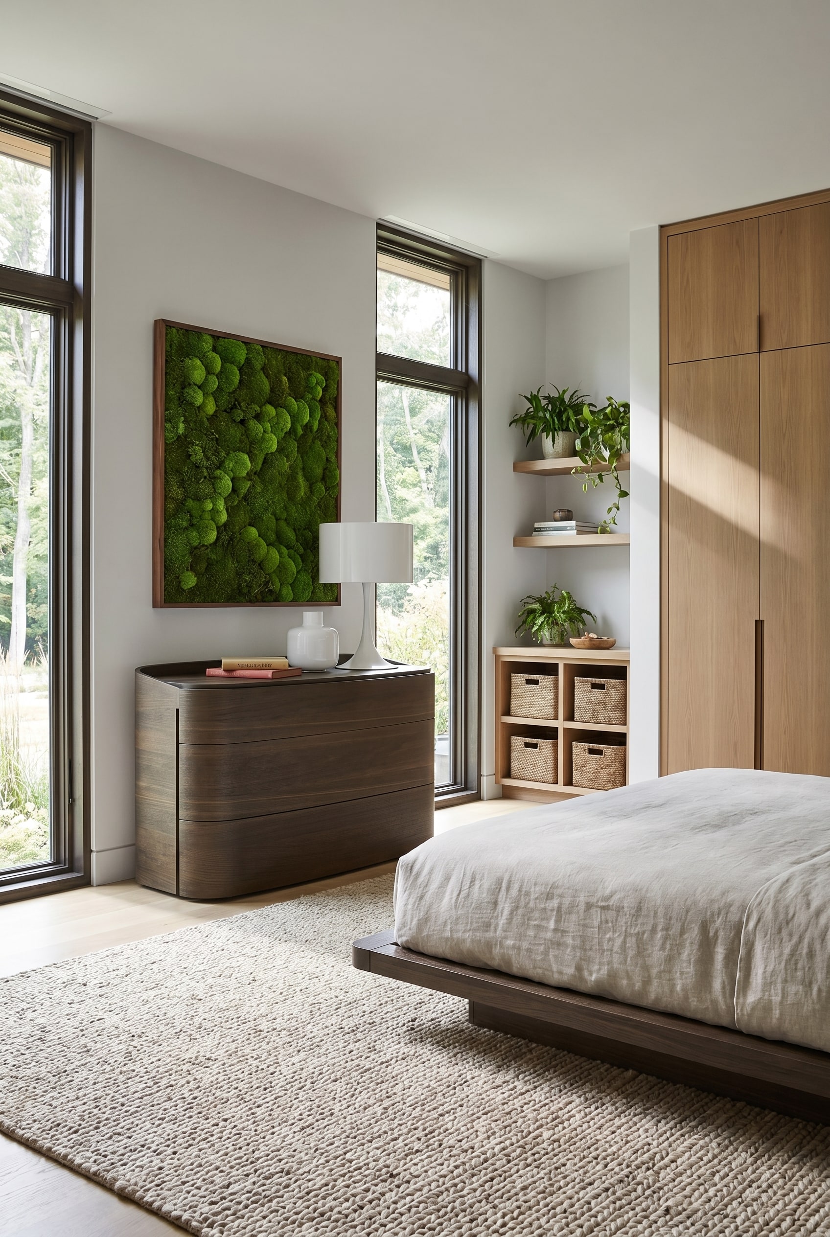 Camera da letto minimalista con cassettiera marrone scuro con angoli arrotondati, sopra un quadro di muschio e una lampada da tavolo bianca