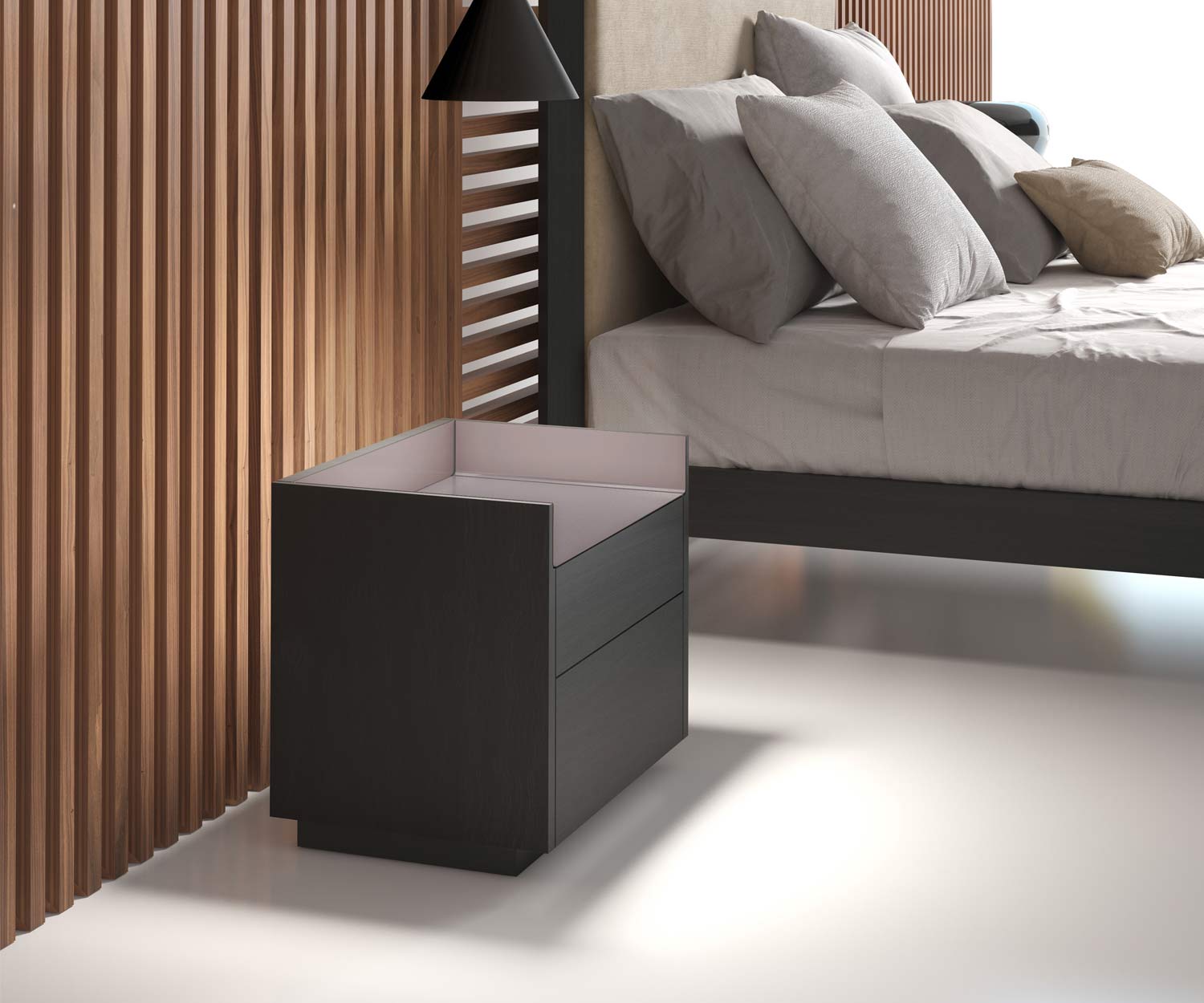 High-quality design bedside table in the bedroom with two dark drawers