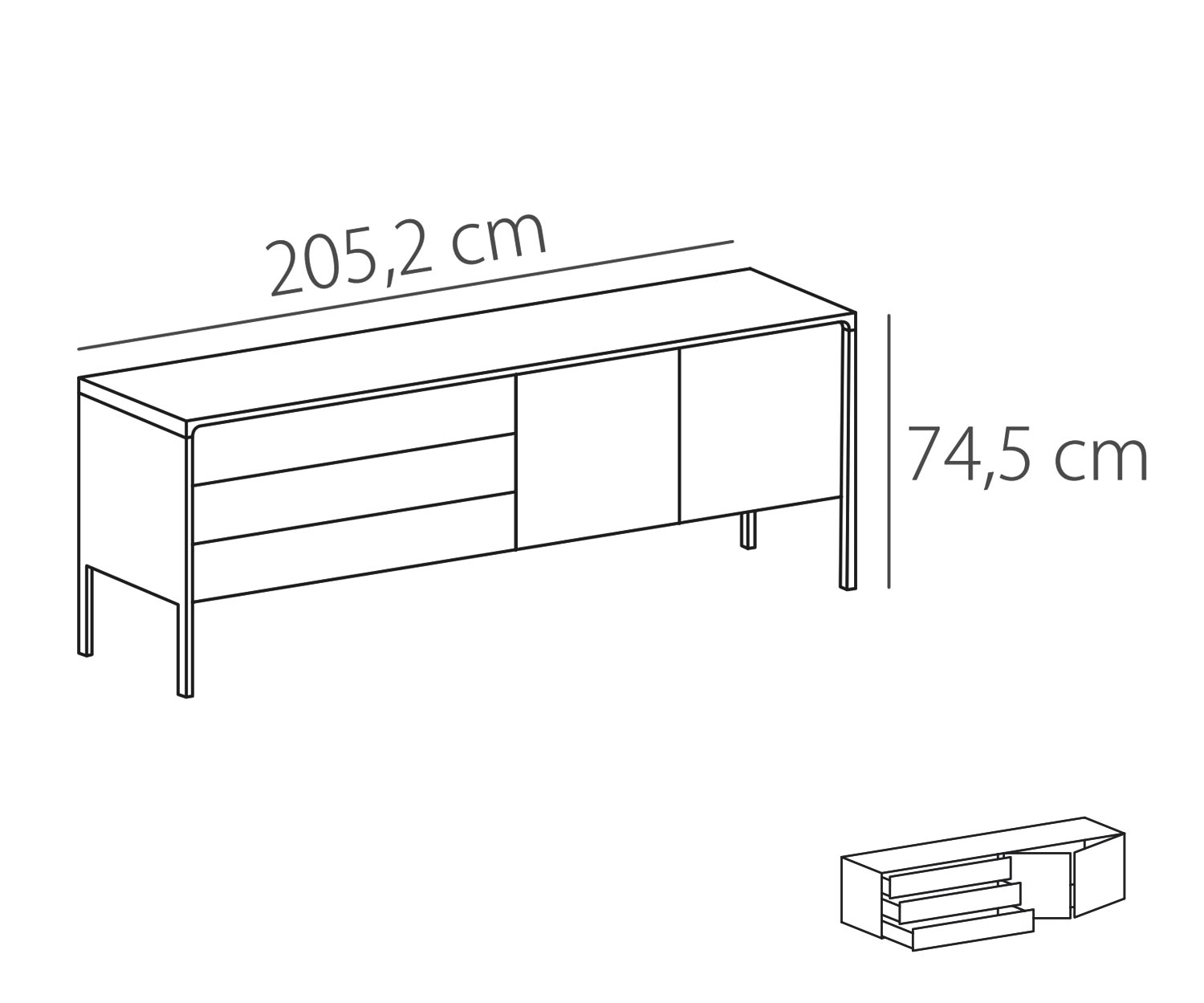 Punt Sideboard Tactile Tactile Walnuss Weiß Tactile B 205 3 Schubladen + 2 Türen Skizze