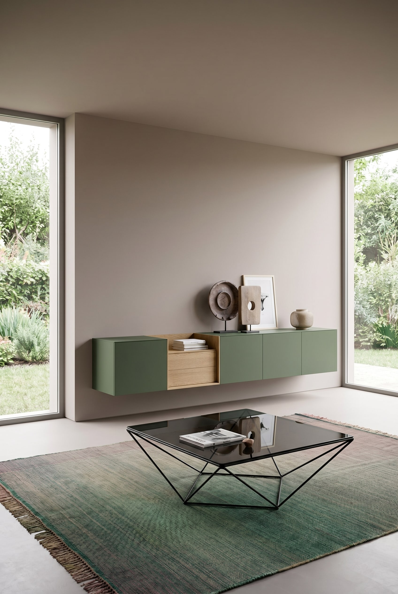 Soggiorno minimalista con parete dipinta in taupe senza soluzione di continuit&agrave; e sideboard a parete sospeso in verde oliva opaco
