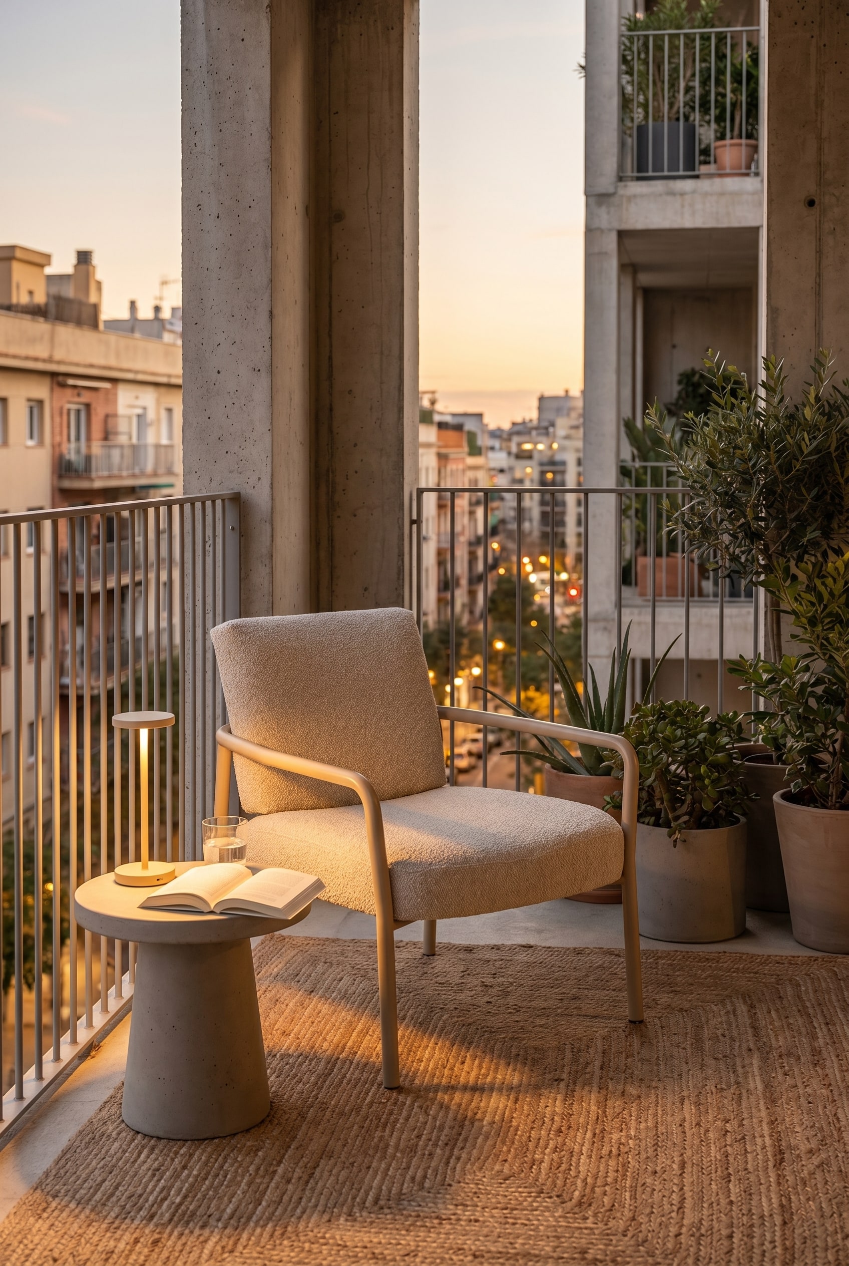 Angolo balcone con una poltrona lounge beige, un tavolino e una lampada a batteria a luce calda accanto a una parete di cemento
