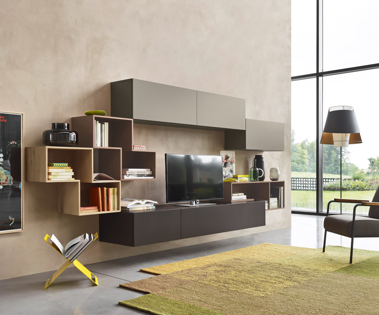 Floating Livitalia Design wall unit C23 Design lowboard in dark grey matt lacquered