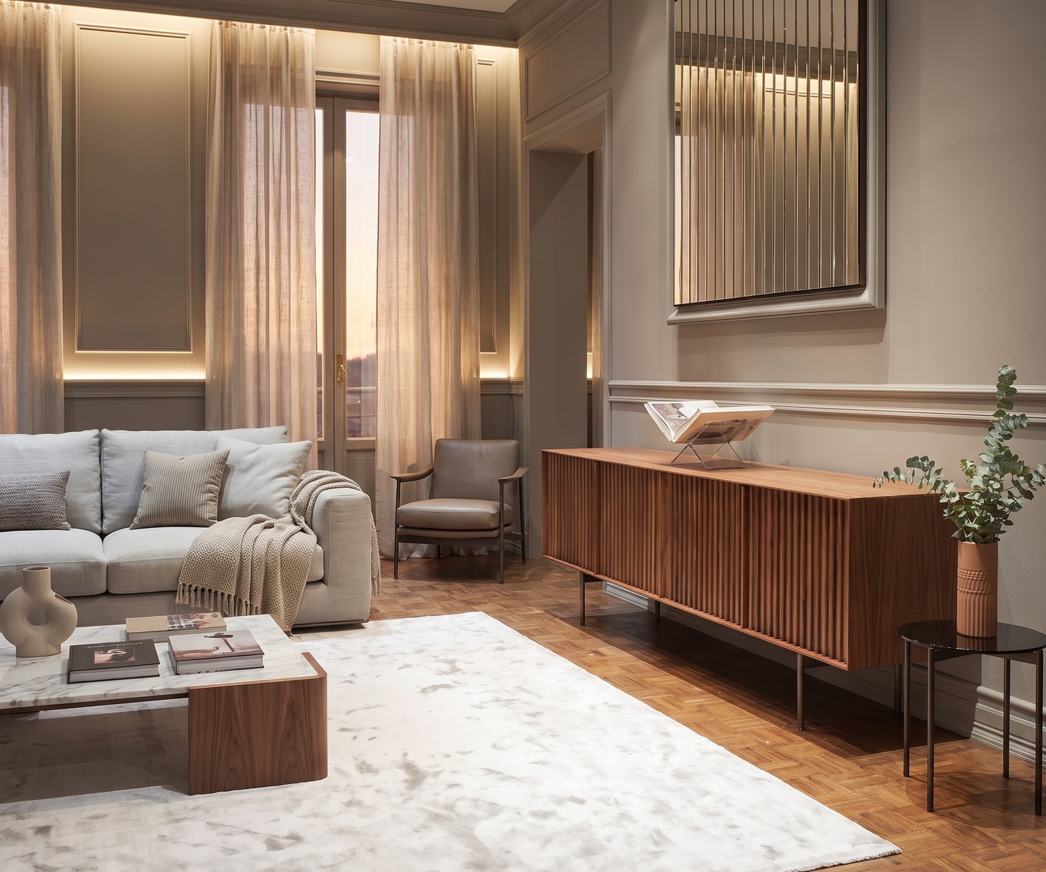 al2 ka-bera 003 A Design-Sideboard aus Walnuss al2 ka-bera 003 A Sideboard aus Walnuss für das Wohnzimmer mit Lamellentüren, im modernen, eleganten italienischen Design