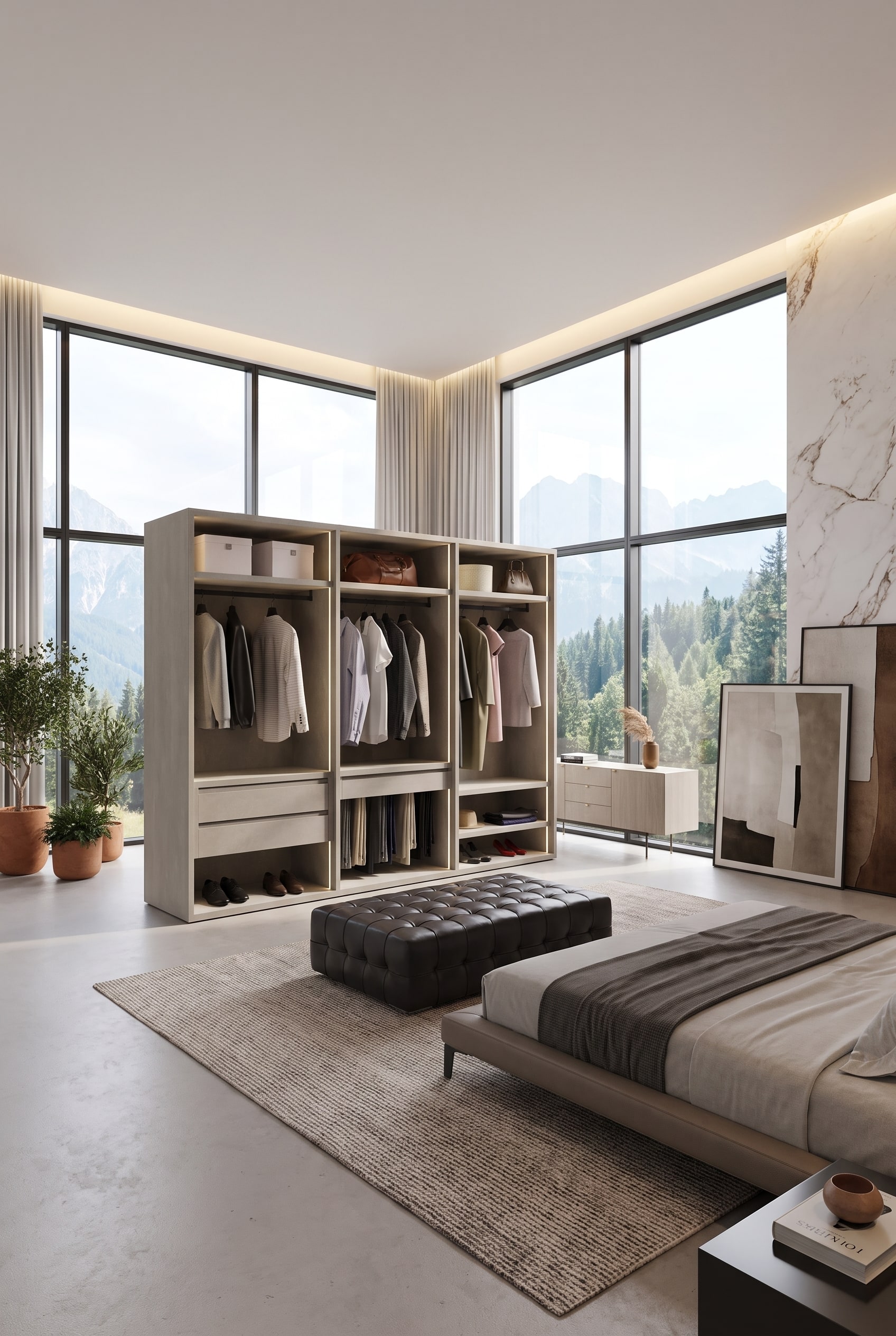 Armadio aperto freestanding senza ante con effetto legno di quercia, che funge da divisorio in una grande camera da letto luminosa