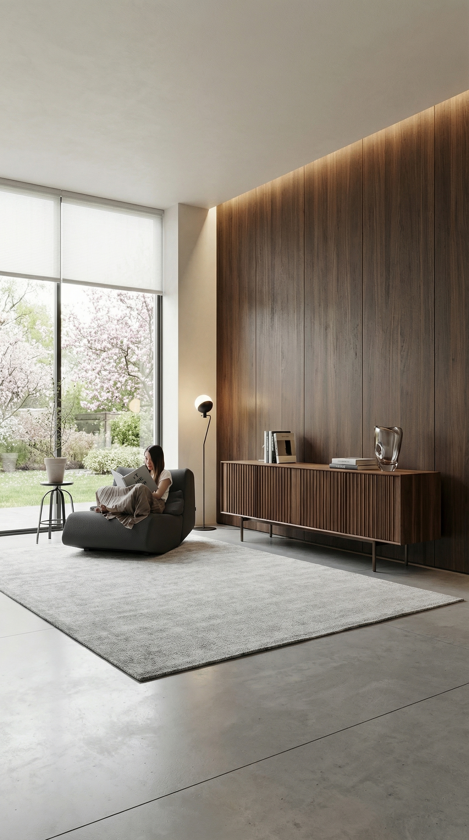 Elegantes Wohnzimmer im Modern Heritage Stil mit dunklen Holzw&auml;nden und minimalistischer Einrichtung