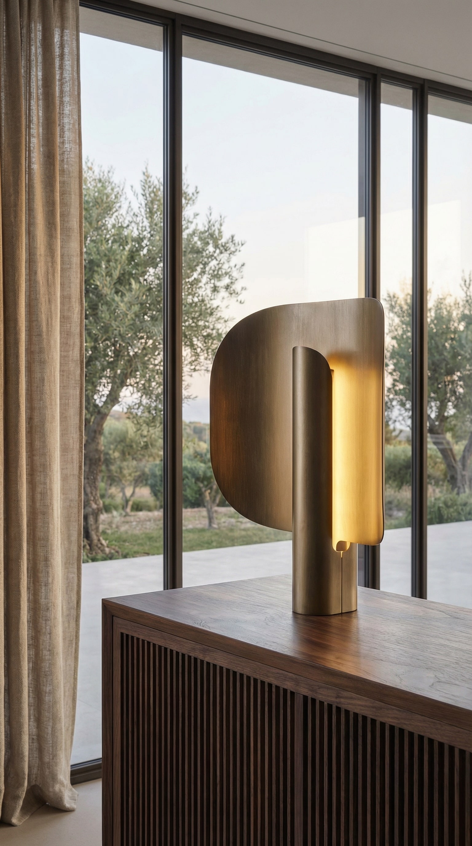 Punt Stockholm Leuchte auf einer eleganten Holzkommode in einem lichtdurchfluteten Raum.