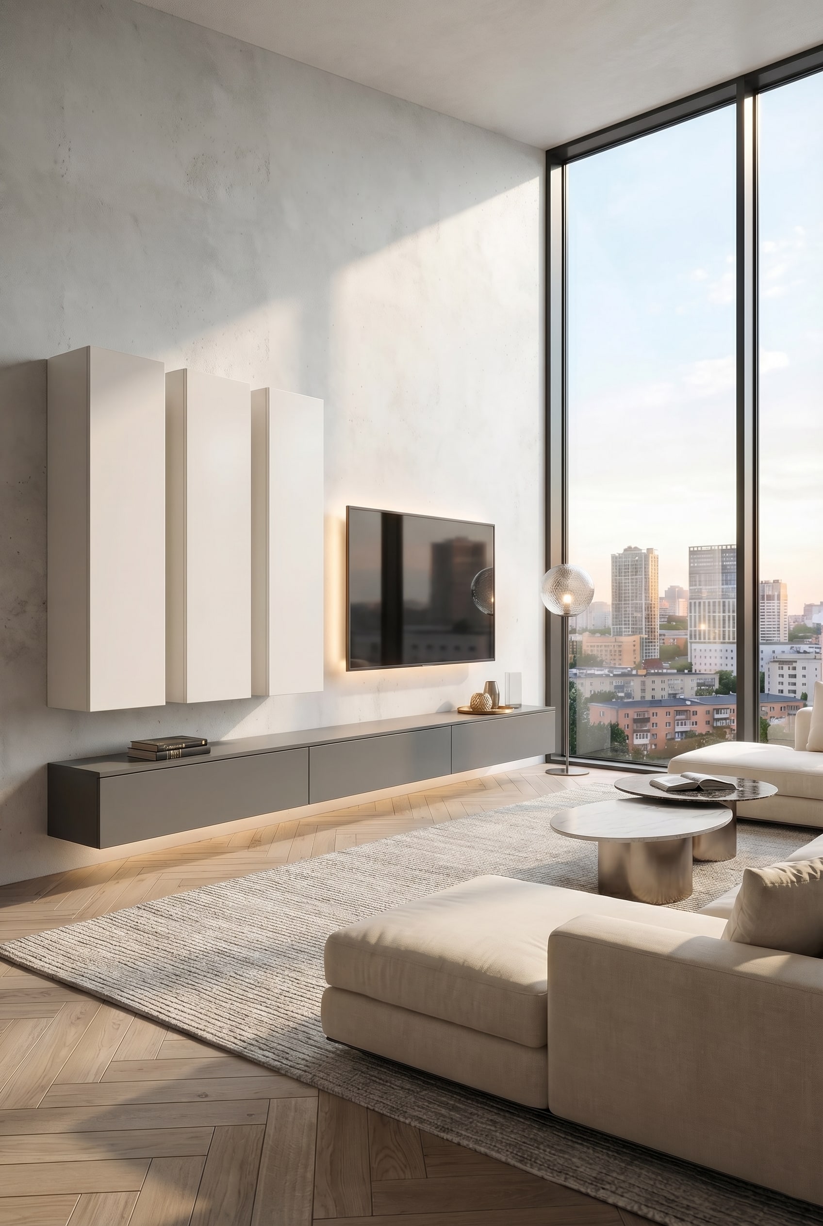 Minimalistisch wit wandmeubel C105 in een moderne woonkamer met grote ramen en zacht daglicht